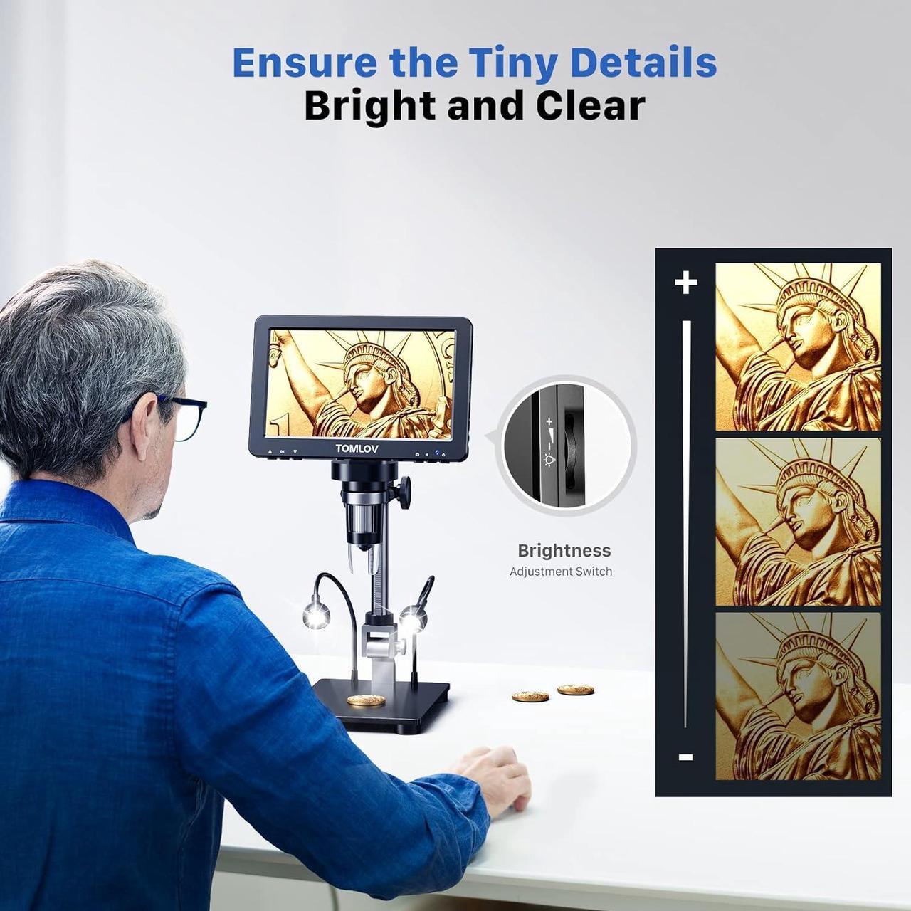 Alt view image 5 of 7 - DM9 Pro 7" HDMI Digital Microscope 1200X with IPS Screen, 1080P 16MP Coin Microscope Magnifier for Entire Coin View, LCD Soldering Microscope for Adult, 10 LED Lights, PC/TV Compatible, 32GB