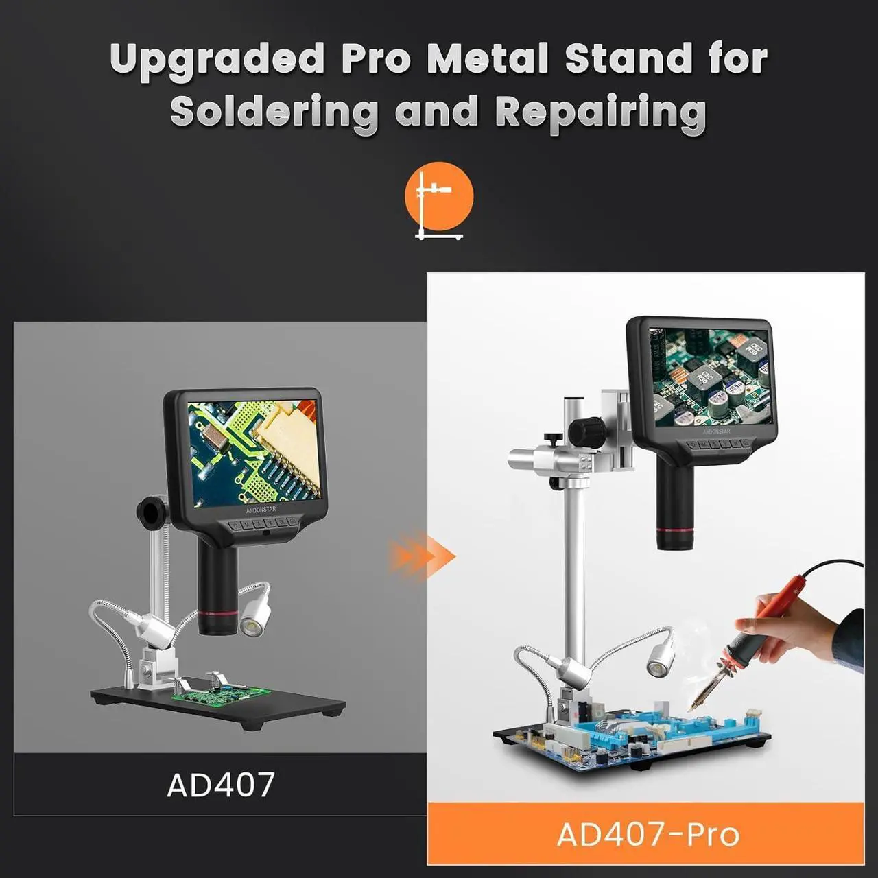 Alt view image 2 of 7 - AD407 3D HDMI Soldering Digital Microscope with 4MP UHD and 7 inch Adjustable LCD Screen USB Video Microscopes for Phone Repairing SMT SMD DIY