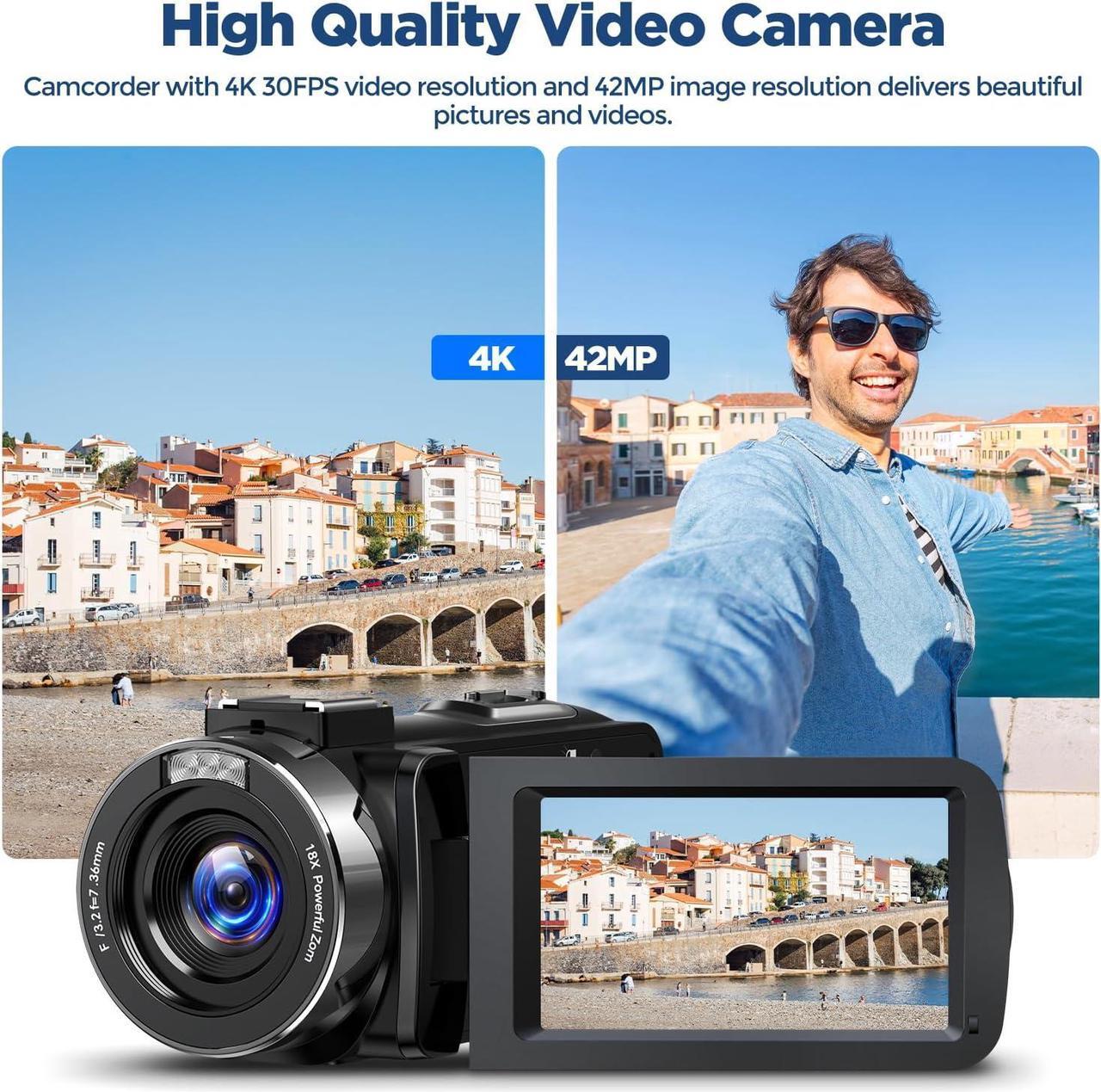 Alt view image 2 of 6 - Video Camera Camcorder 4K 42MP YouTube Vlogging Camera 18X Digital Zoom 3 270° Rotation Screen vlog Camera with Microphone, Remote Control, 2 Batteries, Lens Hood, 32G SD Card