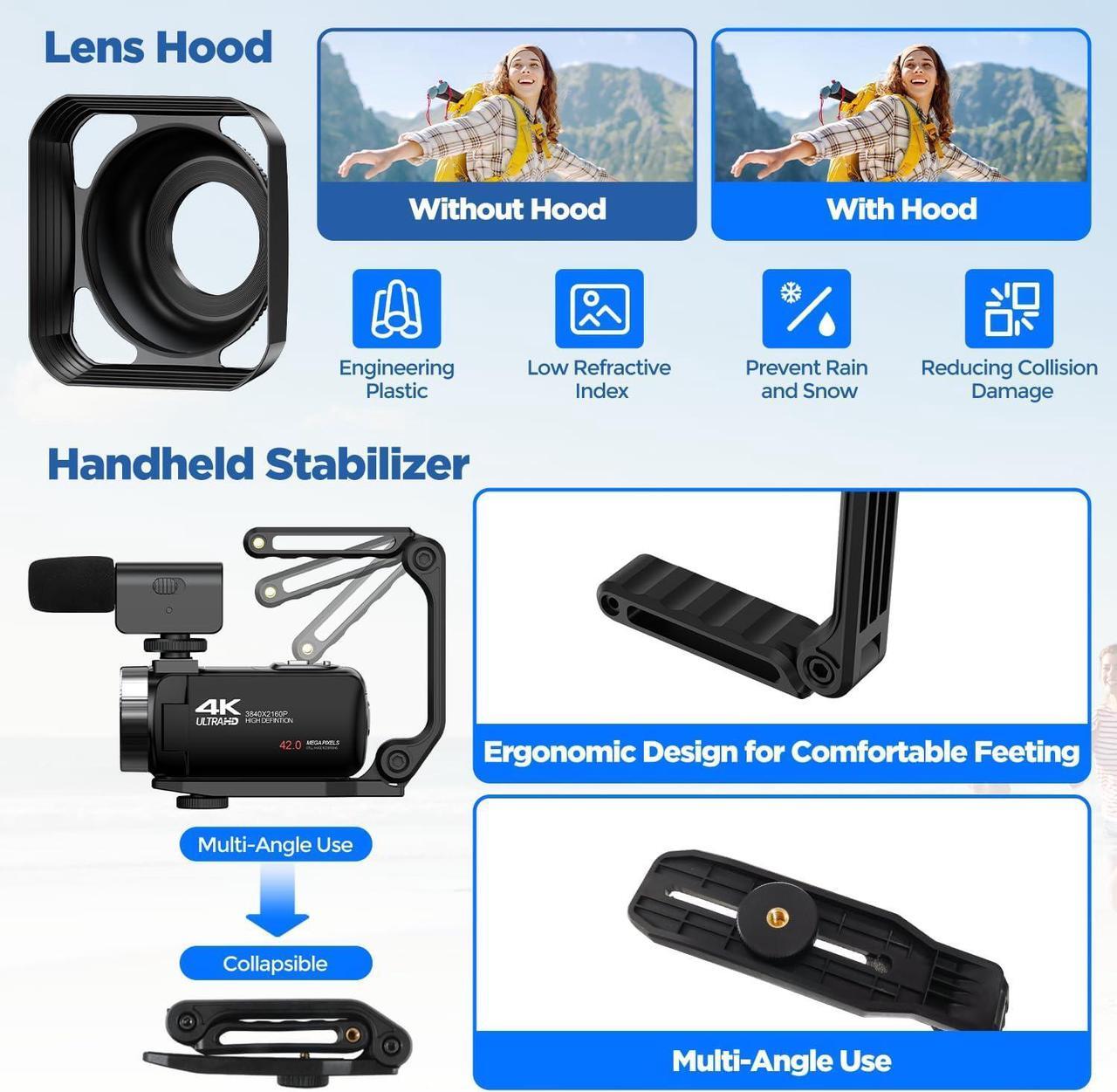 Alt view image 6 of 6 - Video Camera Camcorder 4K 42MP YouTube Vlogging Camera 18X Digital Zoom 3 270° Rotation Screen vlog Camera with Microphone, Remote Control, 2 Batteries, Lens Hood, 32G SD Card
