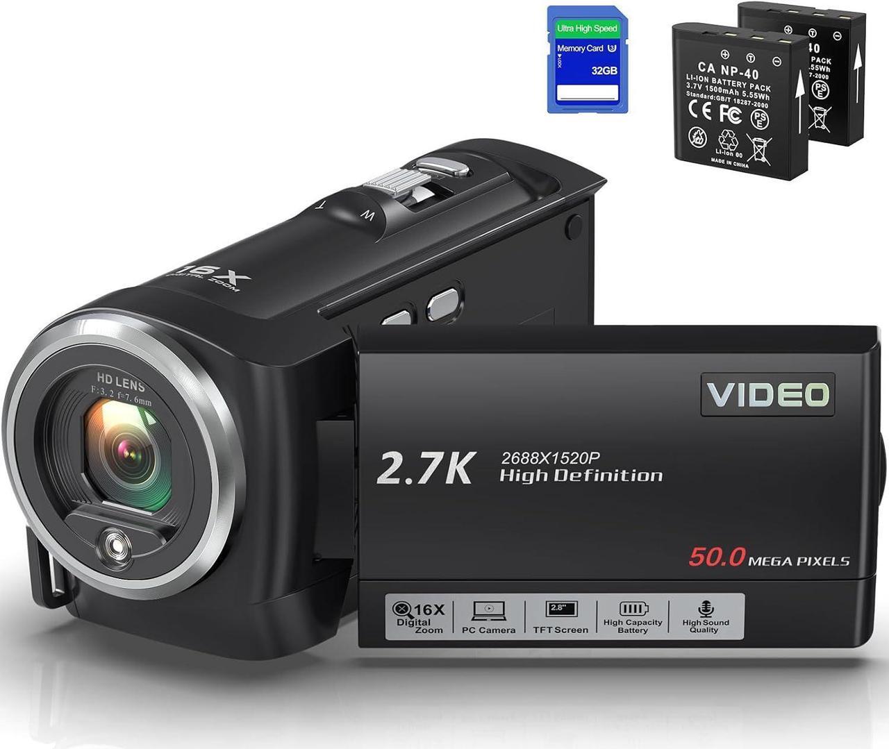 Main image of Video Camera Camcorder, QHD 2.7K Camcorder 50MP 16X Digital Video Camera for YouTube, 2.8'' 270 Degree Rotation Screen Video Recorder Vlogging Camera with 32GB Card and Two Batteries