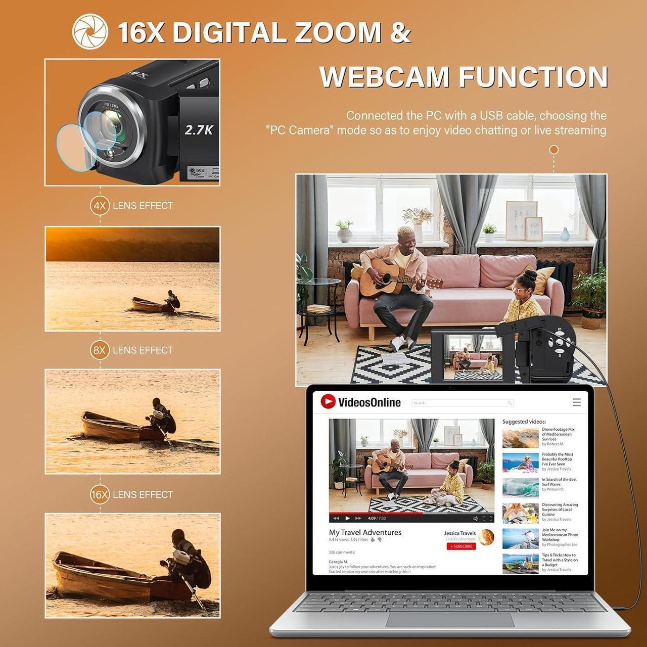 Alt view image 3 of 7 - Video Camera Camcorder, QHD 2.7K Camcorder 50MP 16X Digital Video Camera for YouTube, 2.8'' 270 Degree Rotation Screen Video Recorder Vlogging Camera with 32GB Card and Two Batteries