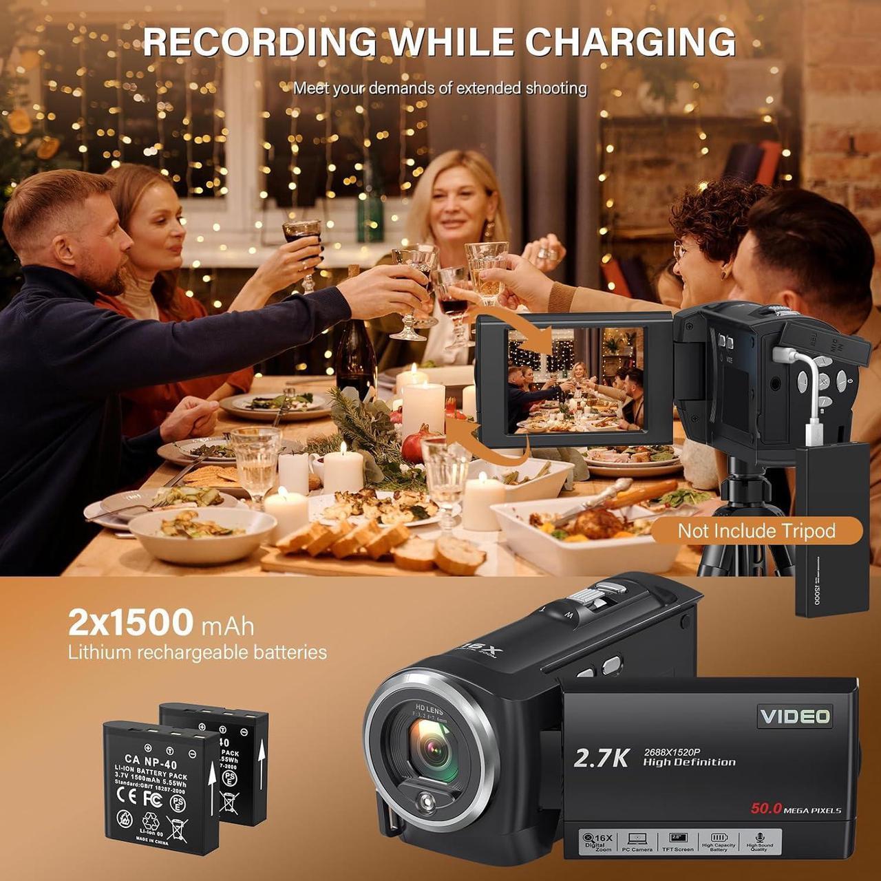 Alt view image 4 of 7 - Video Camera Camcorder, QHD 2.7K Camcorder 50MP 16X Digital Video Camera for YouTube, 2.8'' 270 Degree Rotation Screen Video Recorder Vlogging Camera with 32GB Card and Two Batteries