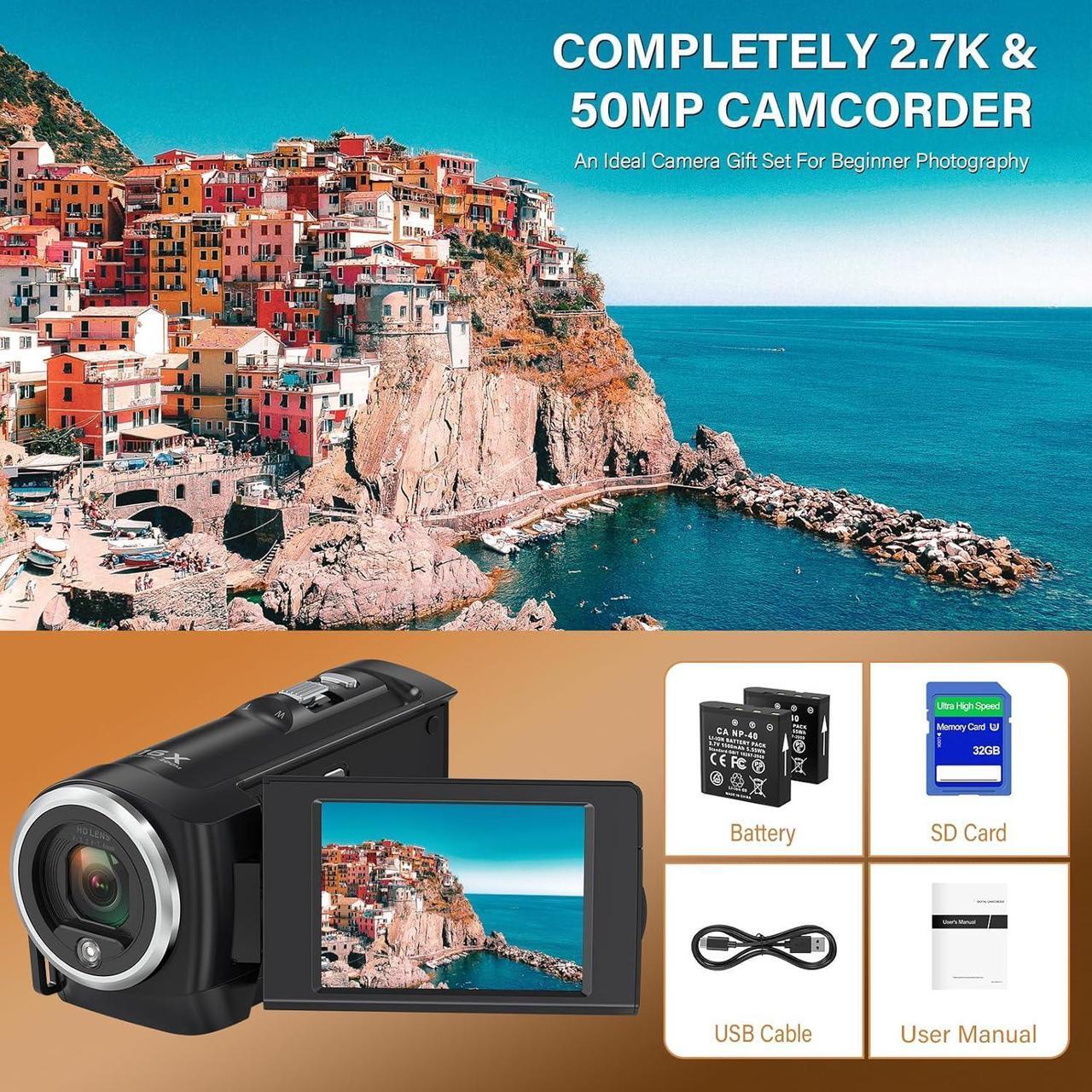 Alt view image 7 of 7 - Video Camera Camcorder, QHD 2.7K Camcorder 50MP 16X Digital Video Camera for YouTube, 2.8'' 270 Degree Rotation Screen Video Recorder Vlogging Camera with 32GB Card and Two Batteries