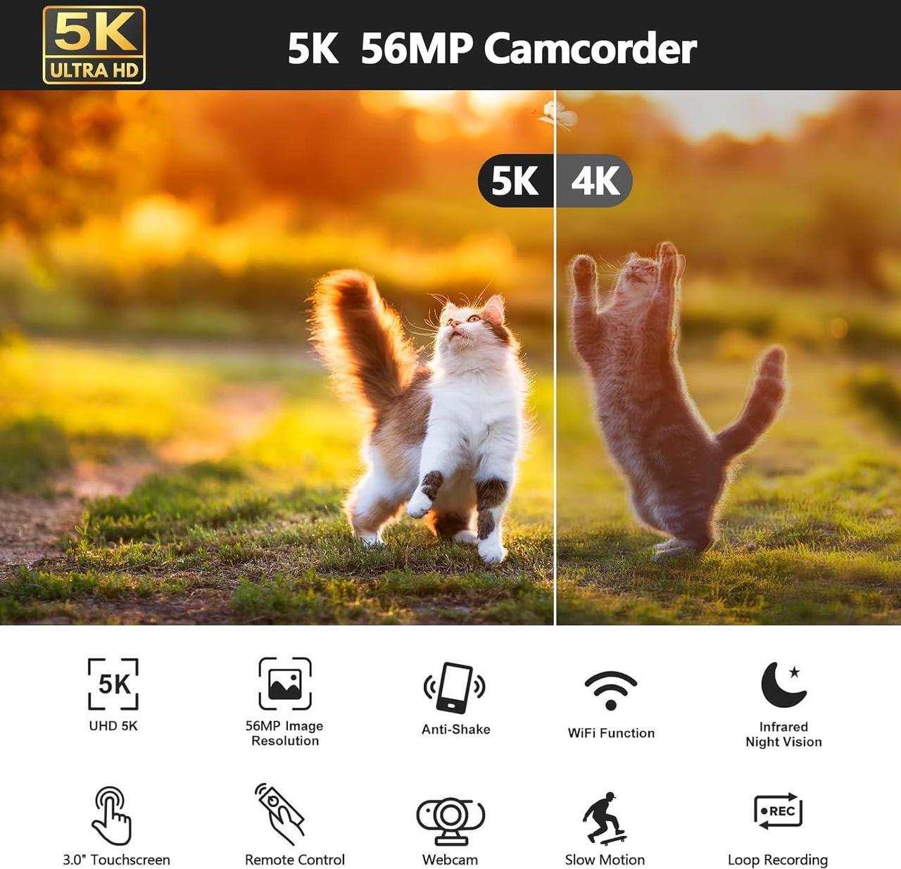 Alt view image 2 of 7 - Video Camera Camcorder 5K 56MP Vlogging Camera YouTube WiFi Night Vision 3 270° Rotatable Touchscreen Podcast Camera Recorder with 64GB SD Card, Microphone, Stabilizer, Remote, 2 Batteries, Tripod