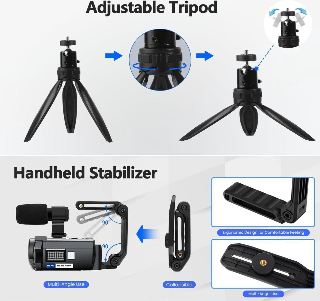 Alt view image 7 of 7 - Video Camera Camcorder 5K 56MP Vlogging Camera YouTube WiFi Night Vision 3 270° Rotatable Touchscreen Podcast Camera Recorder with 64GB SD Card, Microphone, Stabilizer, Remote, 2 Batteries, Tripod