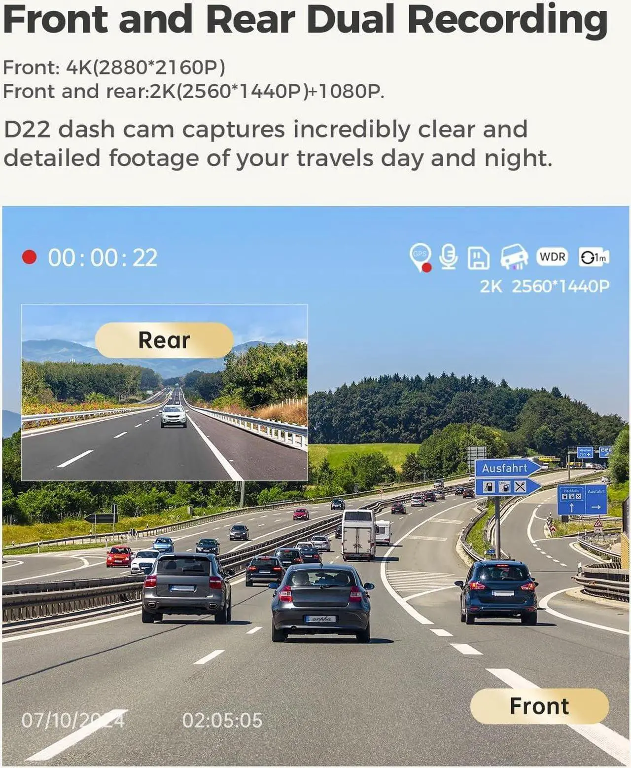 Alt view image 2 of 7 - 5K Dash Cam Front and Rear, Built-in 128GB eMMC, 5G WiFi GPS, 4K+1080P Car Camera with 3'' Touch Screen Voice Control, WDR Night Vision Driving Rocorder, Parking Mode G-Sensor (D25)