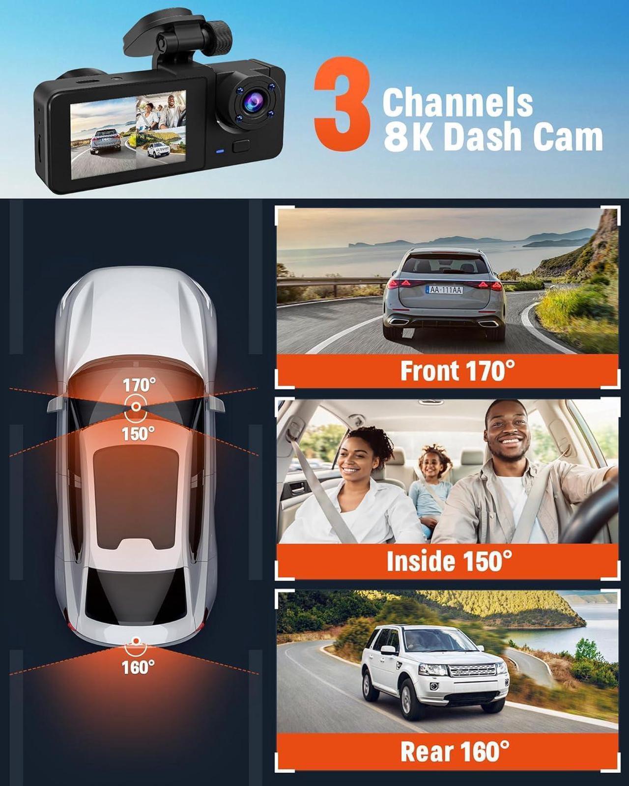 Alt view image 2 of 7 - Dash Cam Front and Rear Inside,8K Full UHD Dash Camera for Cars,3 Channel Car Camera Built-in 32GB Card,WDR,G-Sensor, Loop Recording,2.0''IPS HD Screen,24H Parking Monitor,Accident Lock