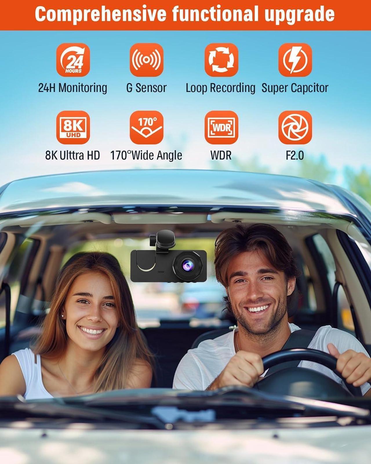 Alt view image 7 of 7 - Dash Cam Front and Rear Inside,8K Full UHD Dash Camera for Cars,3 Channel Car Camera Built-in 32GB Card,WDR,G-Sensor, Loop Recording,2.0''IPS HD Screen,24H Parking Monitor,Accident Lock