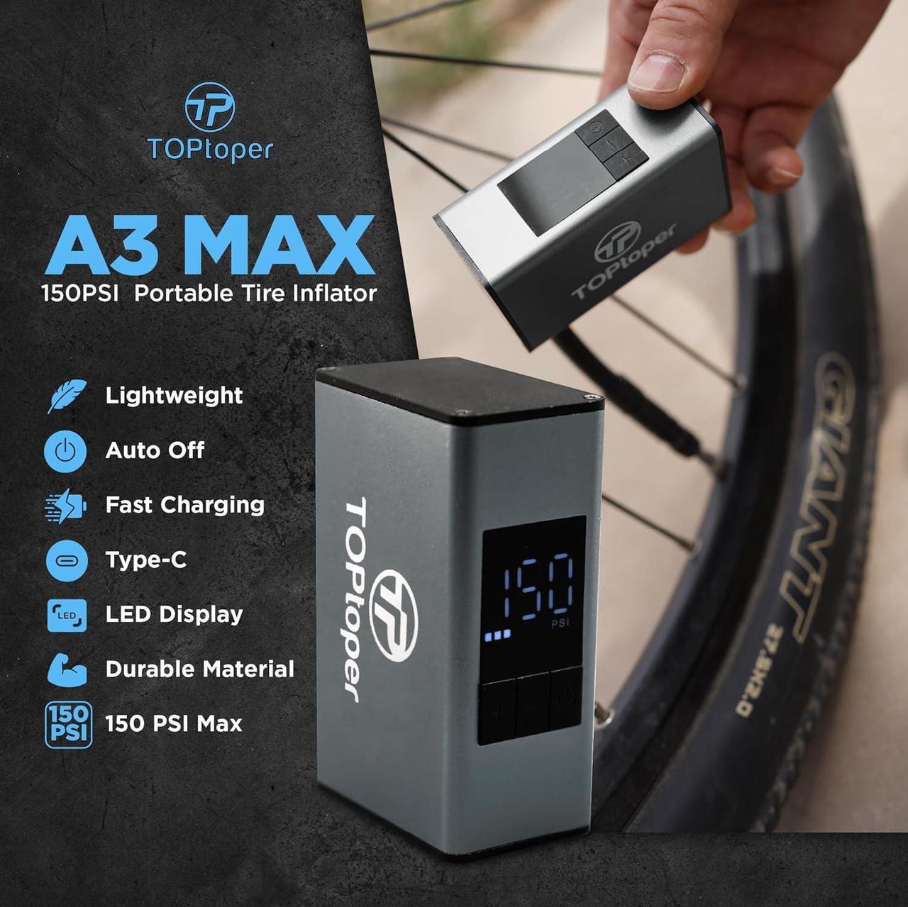 Alt view image 2 of 6 - Mini Electric Bike Pump with Pressure Gauge- 150PSI Portable Bicycle Tire Pump with Auto Stop, Pocket Tiny Air Pump with Presta & Schrader Valve Adapter for E-Bike Mountain Bike and Road Bike