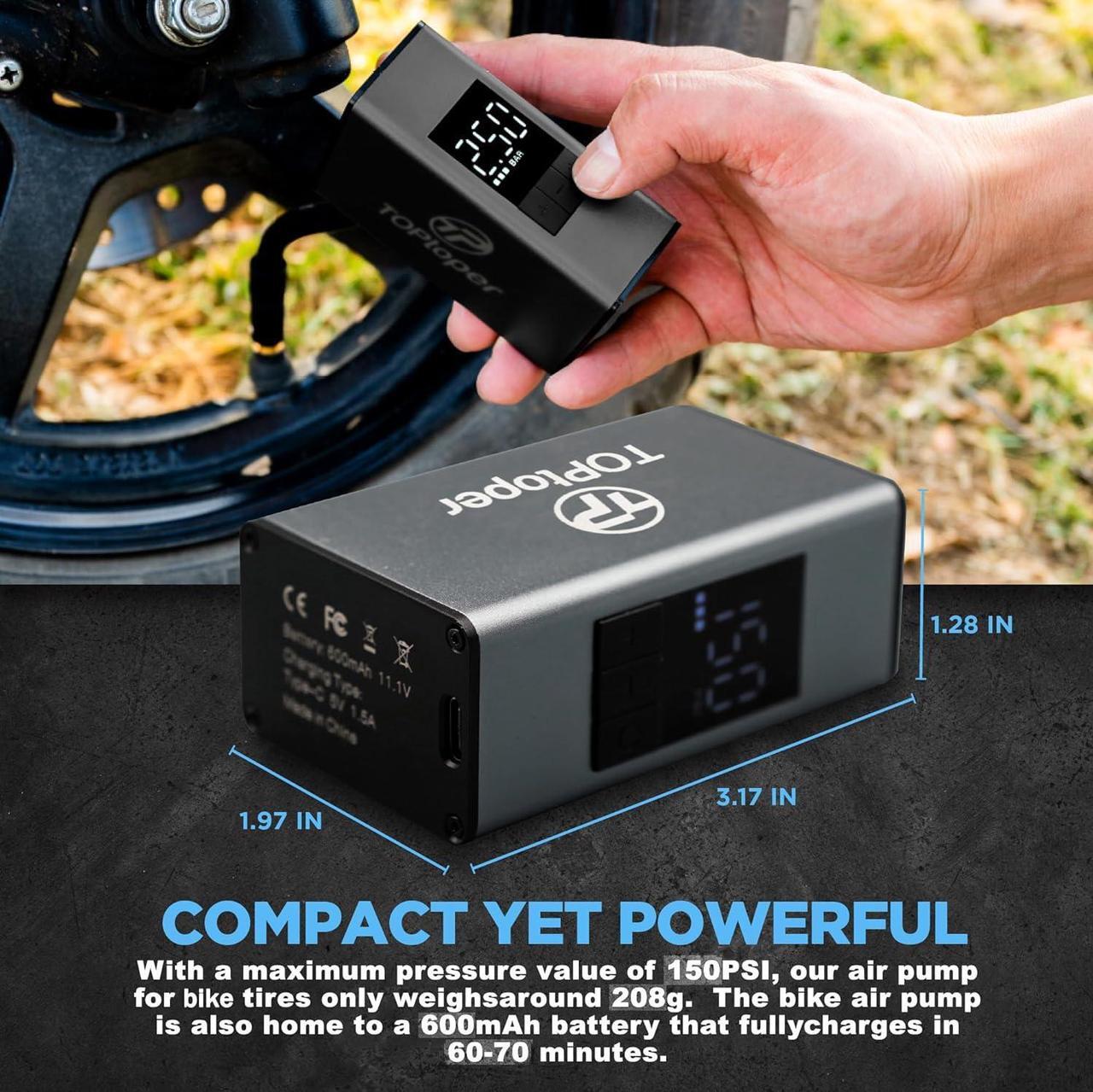 Alt view image 3 of 6 - Mini Electric Bike Pump with Pressure Gauge- 150PSI Portable Bicycle Tire Pump with Auto Stop, Pocket Tiny Air Pump with Presta & Schrader Valve Adapter for E-Bike Mountain Bike and Road Bike