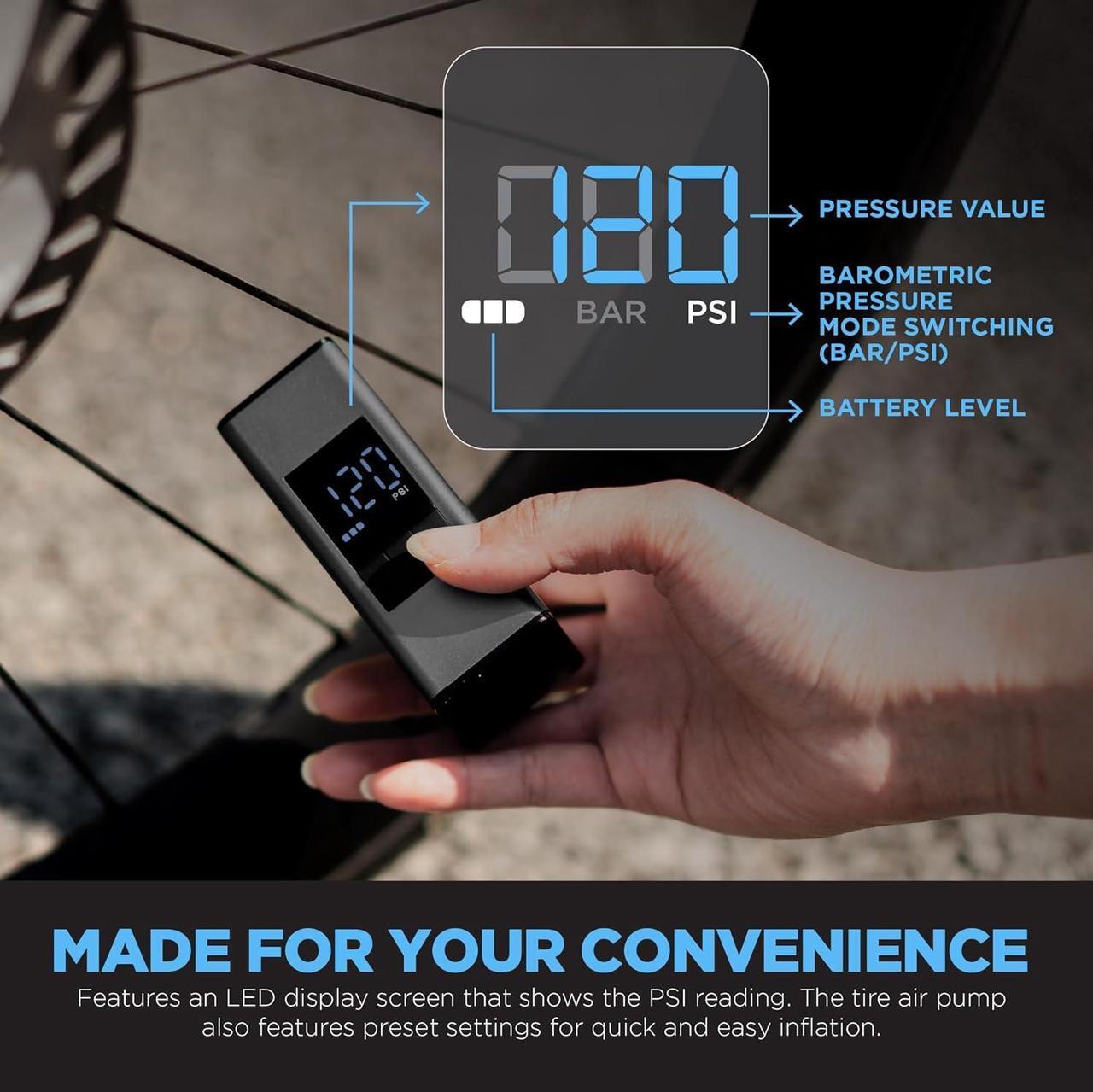 Alt view image 4 of 6 - Mini Electric Bike Pump with Pressure Gauge- 150PSI Portable Bicycle Tire Pump with Auto Stop, Pocket Tiny Air Pump with Presta & Schrader Valve Adapter for E-Bike Mountain Bike and Road Bike