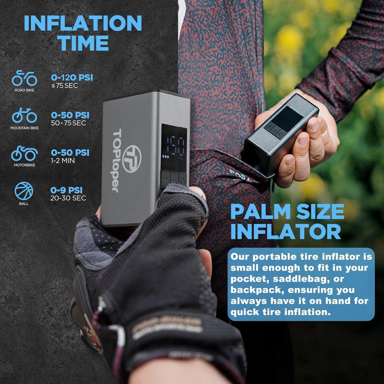 Alt view image 5 of 6 - Mini Electric Bike Pump with Pressure Gauge- 150PSI Portable Bicycle Tire Pump with Auto Stop, Pocket Tiny Air Pump with Presta & Schrader Valve Adapter for E-Bike Mountain Bike and Road Bike