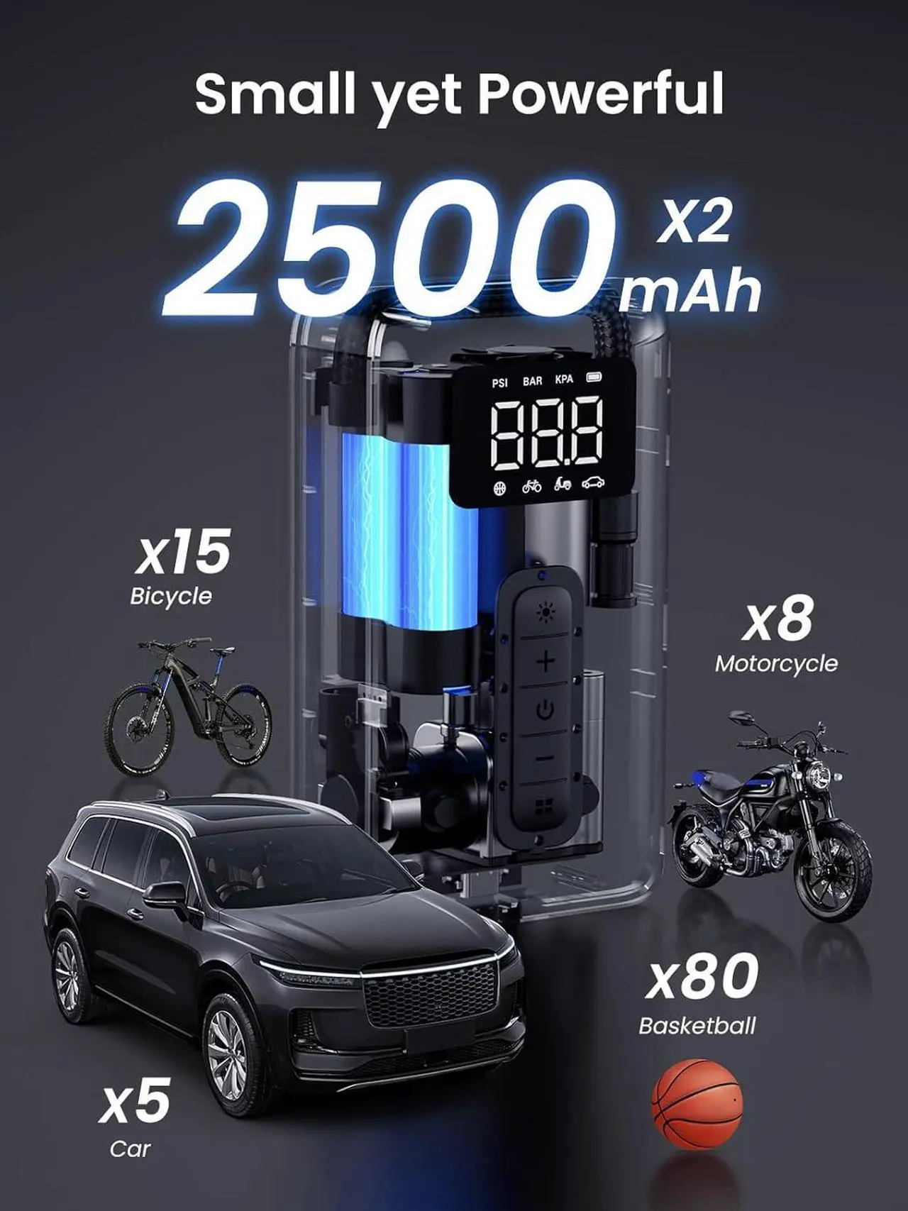 Alt view image 4 of 7 - Tire Inflator Portable Air Compressor 150PSI Air Pump with Battery LED Light Cordless Tire pump for Cars Bikes Motorcycle Balls