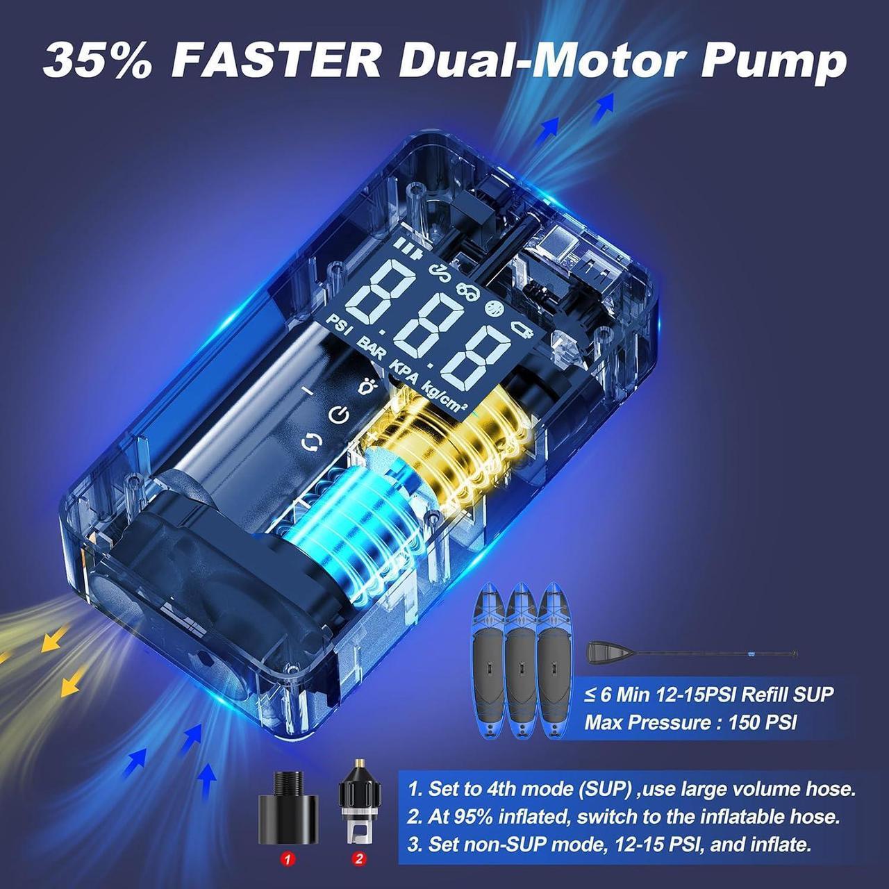 Alt view image 3 of 7 - Tire Inflator Paddle Board Pump Electric Portable Air Pump, 150 PSI SUP Pump Air Compressor, Faster Air Pump for Paddle Board, Bike, Car, Motorcycle, Ball, Kayak, Inflatable Boat