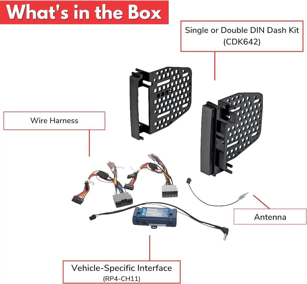 Alt view image 5 of 5 - Double DIN Radio Dash Kit Jeep Wrangler JK (2007-2017) / Dodge RAM 2009-2012 Radio Replacement Kit with Interface Harness, Antenna Adapter, Steering Wheel Control (CDK642RP) RP4-CH11 Included