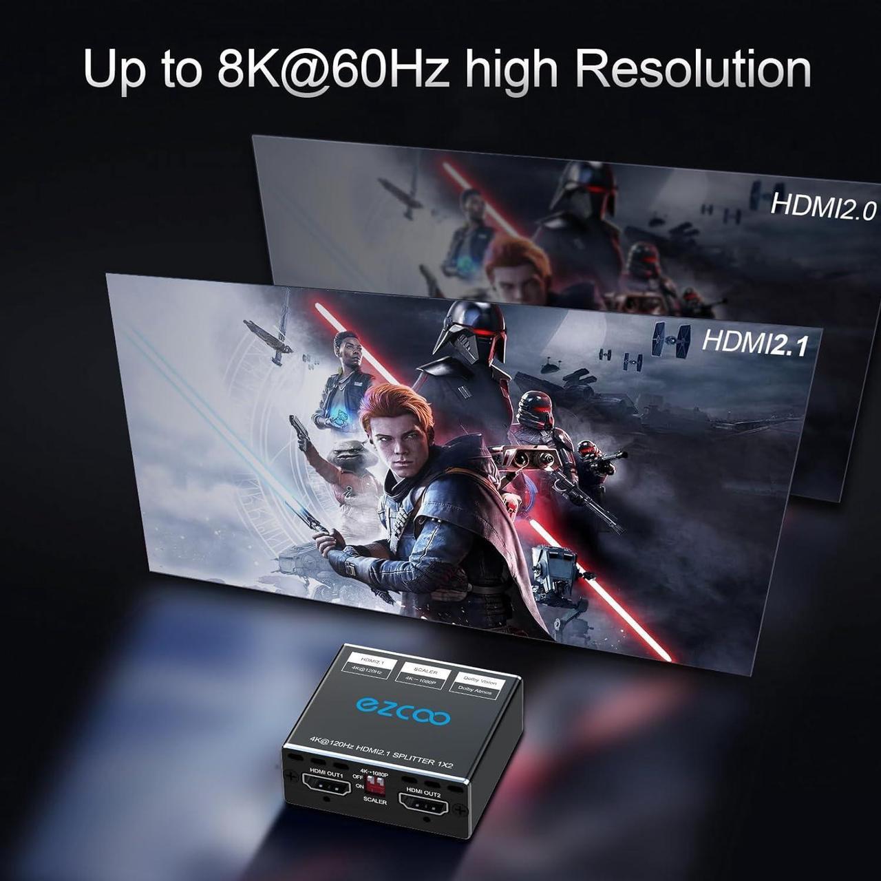 Alt view image 3 of 7 - HDMI 2.1 Splitter 4K 120Hz 8K 60Hz 1 in2 Out VRR ALLM HDCP2.3 HDR10 8KUHD Dolby Vision Atmos Scaler 4K EDID 1080P Dual Monitors HDMI 2.1 Splitter 1X2 for PS5 SkyQ Xbox NVIDIA AMD