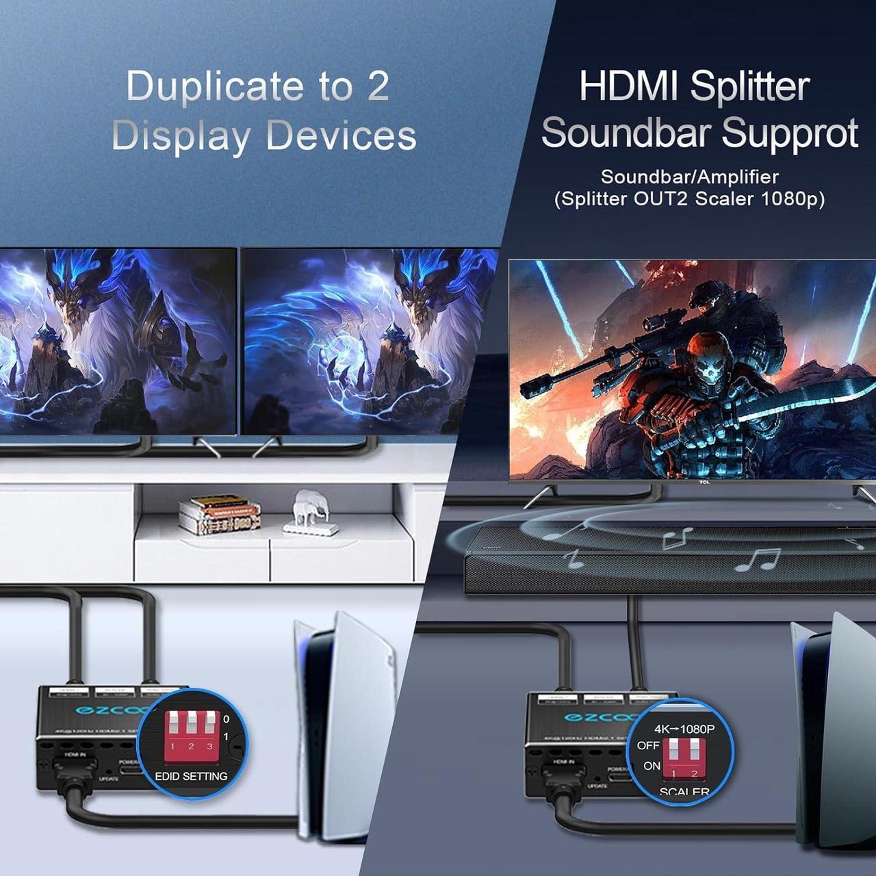 Alt view image 7 of 7 - HDMI 2.1 Splitter 4K 120Hz 8K 60Hz 1 in2 Out VRR ALLM HDCP2.3 HDR10 8KUHD Dolby Vision Atmos Scaler 4K EDID 1080P Dual Monitors HDMI 2.1 Splitter 1X2 for PS5 SkyQ Xbox NVIDIA AMD