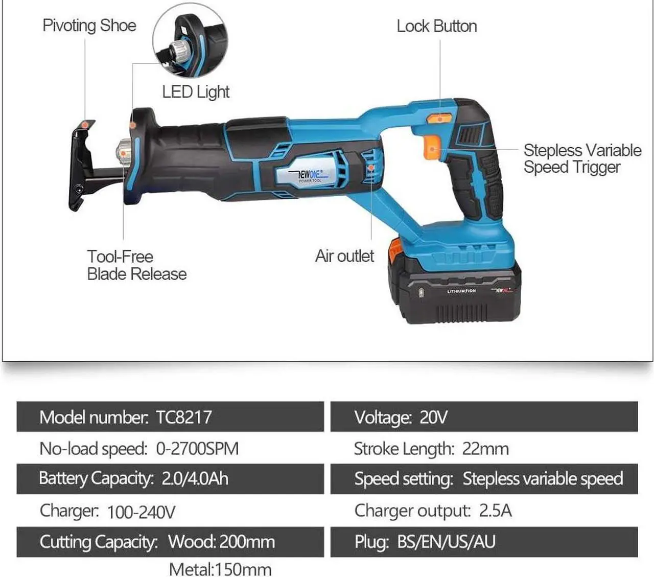 Alt view image 2 of 7 - 20V Reciprocating Saw zall saw cut-off tool with 2.5A Charger,LED working light, Tool-Free Blade Change, 7pcs Saw Blades for cutting metal wood frozen bone, 2.0AH Battery
