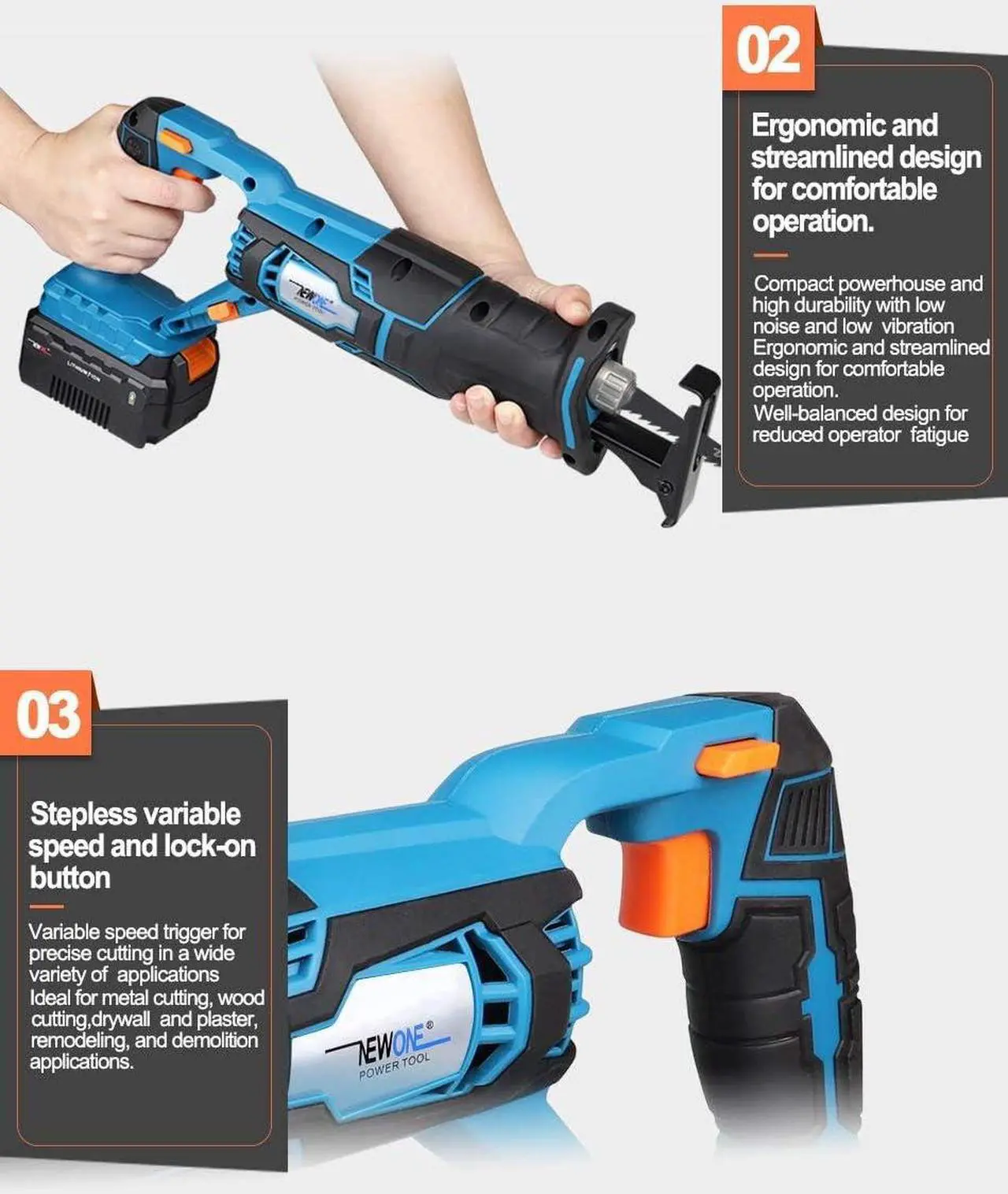 Alt view image 3 of 7 - 20V Reciprocating Saw zall saw cut-off tool with 2.5A Charger,LED working light, Tool-Free Blade Change, 7pcs Saw Blades for cutting metal wood frozen bone, 2.0AH Battery