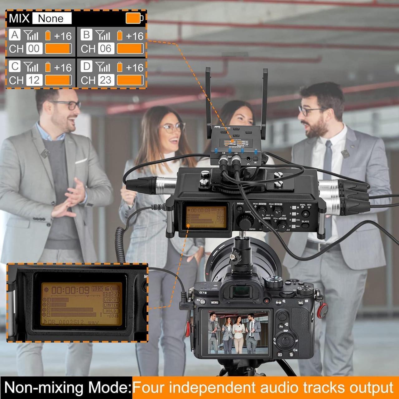 Alt view image 3 of 7 - Wireless Lavalier Microphone with 4 Transmitters, Comica BoomX-U Qua UHF 24 Channel Professional Lapel Microphone for Cameras Canon Sony DSLR Camcorder,Lav Mic for YouTube Recording Interview Filming