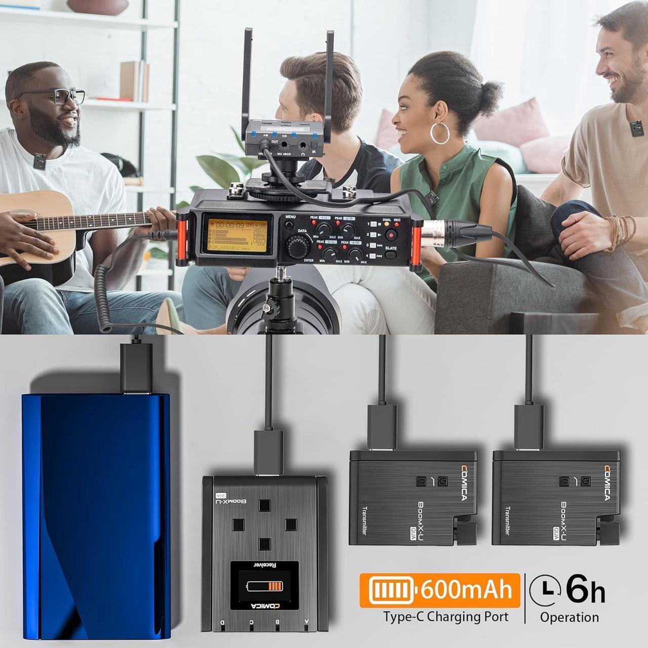 Alt view image 4 of 7 - Wireless Lavalier Microphone with 4 Transmitters, Comica BoomX-U Qua UHF 24 Channel Professional Lapel Microphone for Cameras Canon Sony DSLR Camcorder,Lav Mic for YouTube Recording Interview Filming