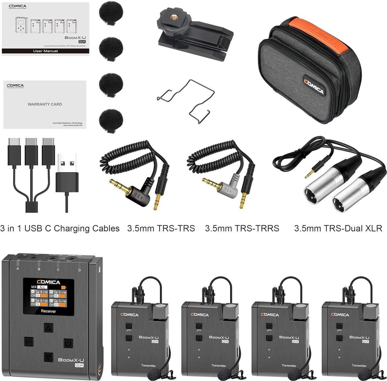 Alt view image 6 of 7 - Wireless Lavalier Microphone with 4 Transmitters, Comica BoomX-U Qua UHF 24 Channel Professional Lapel Microphone for Cameras Canon Sony DSLR Camcorder,Lav Mic for YouTube Recording Interview Filming