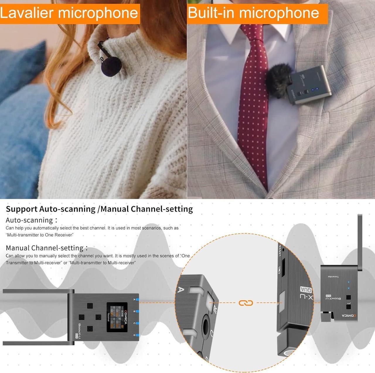 Alt view image 7 of 7 - Wireless Lavalier Microphone with 4 Transmitters, Comica BoomX-U Qua UHF 24 Channel Professional Lapel Microphone for Cameras Canon Sony DSLR Camcorder,Lav Mic for YouTube Recording Interview Filming