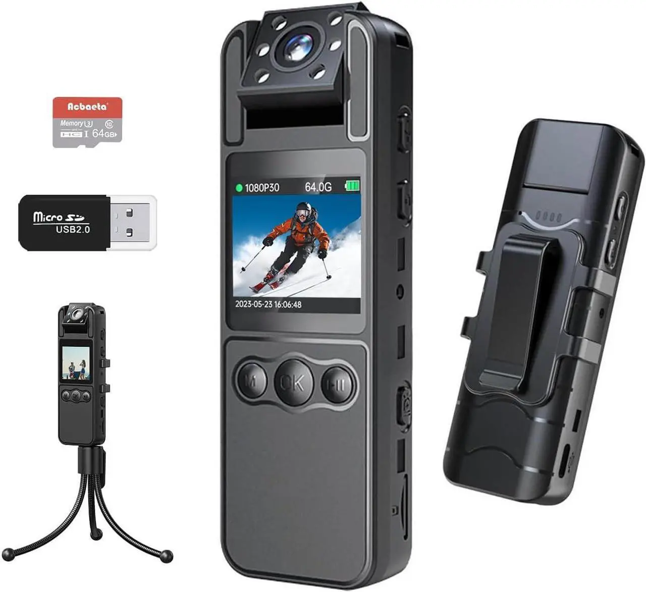 Main image of Bodycam, 1080P Body Cam with 180° Rotating Lens, Night Vision, Motion Detection, Long Battery Life, Camcorder for Police/Cycling/Travel, 64GB High-Spec SD Card