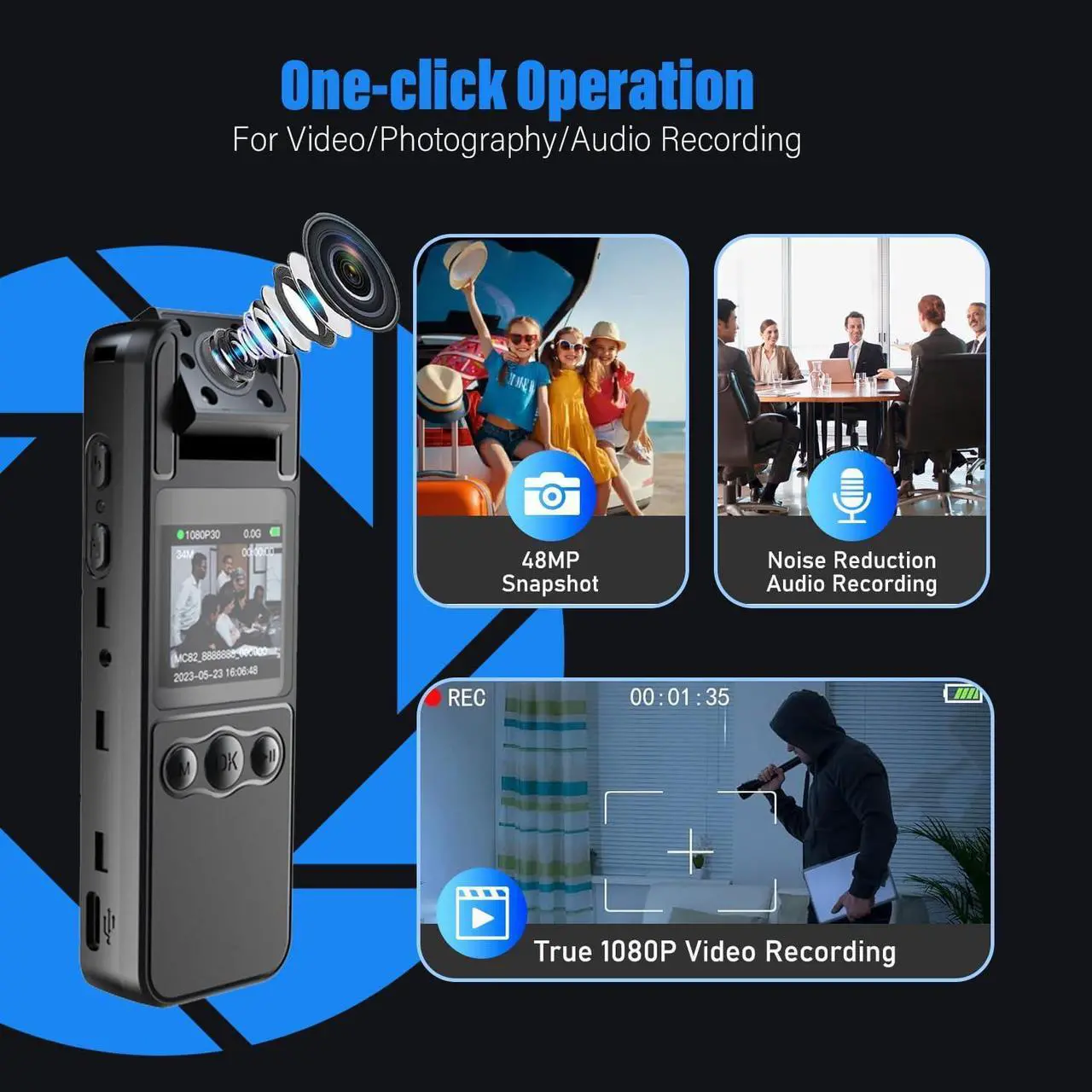 Alt view image 2 of 7 - Bodycam, 1080P Body Cam with 180° Rotating Lens, Night Vision, Motion Detection, Long Battery Life, Camcorder for Police/Cycling/Travel, 64GB High-Spec SD Card