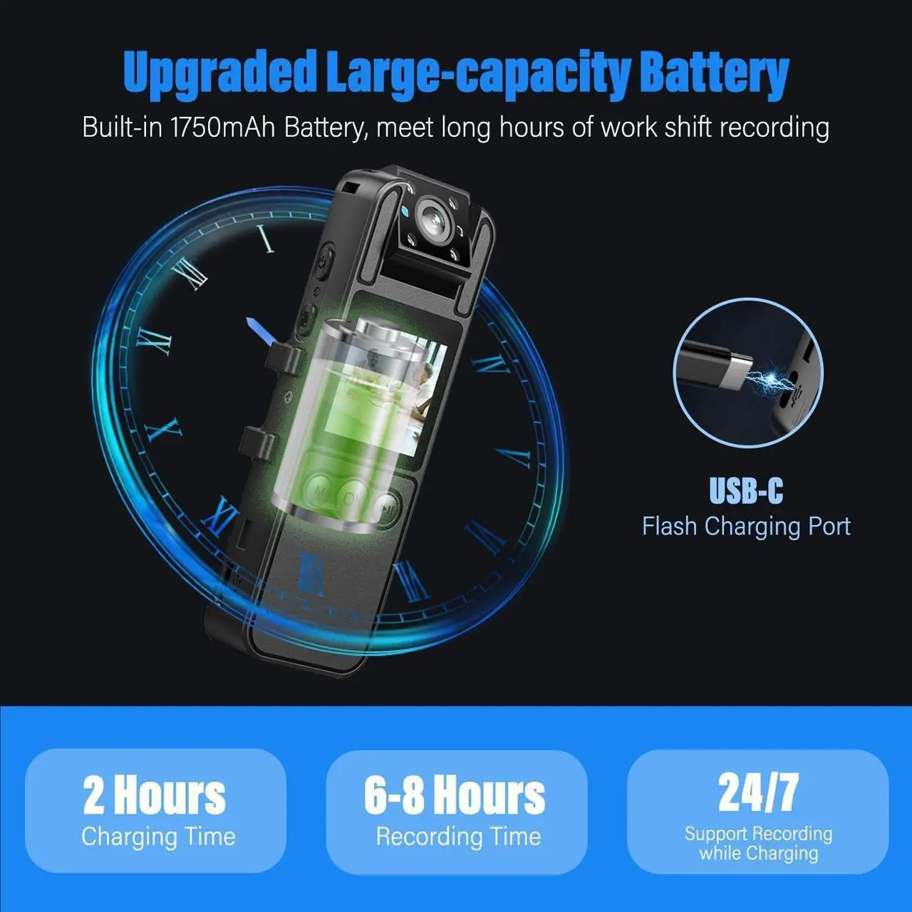 Alt view image 6 of 7 - Bodycam, 1080P Body Cam with 180° Rotating Lens, Night Vision, Motion Detection, Long Battery Life, Camcorder for Police/Cycling/Travel, 64GB High-Spec SD Card