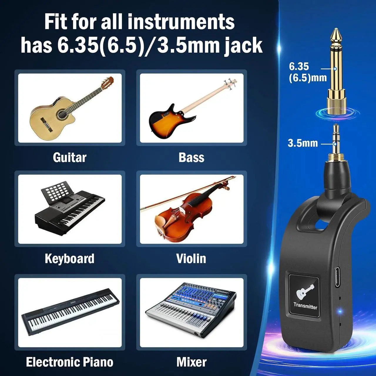Alt view image 6 of 7 - 2.4GHz Wireless Guitar Transmitter Receiver: Wireless Guitar System for Bass Violin Keyboard Electric Instrument with Premium Sound | 100FT Transmission Distance