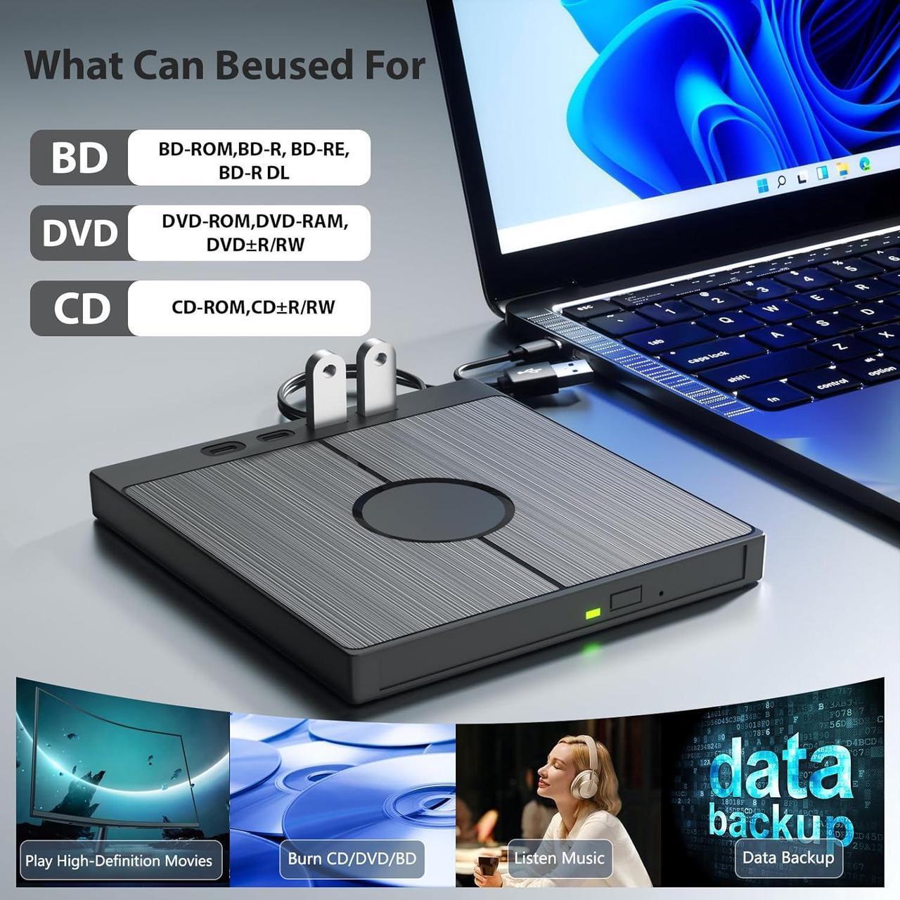 Alt view image 2 of 7 - External Bluray Drive 7 in 1, Blu-ray DVD Burner with USB 3.0/Type-C/SD/TF Card Ports, Support 100G Disc R/W for PC Compatible with Windows XP/7/8/10/11 Mac Laptop Desktop