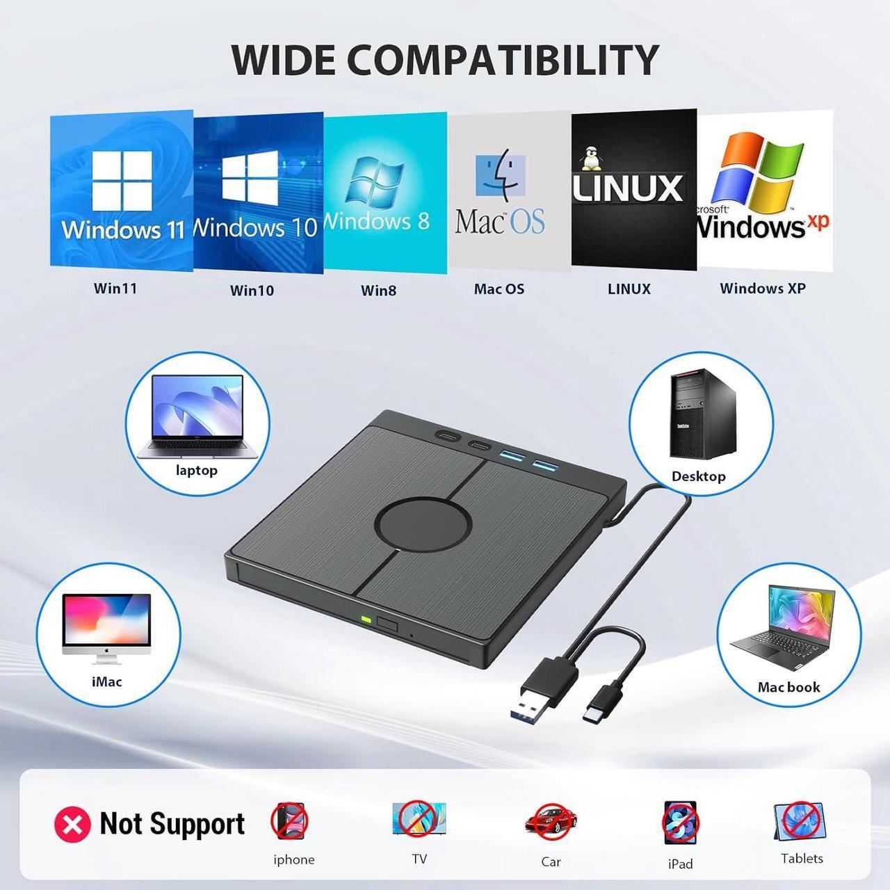 Alt view image 6 of 7 - External Bluray Drive 7 in 1, Blu-ray DVD Burner with USB 3.0/Type-C/SD/TF Card Ports, Support 100G Disc R/W for PC Compatible with Windows XP/7/8/10/11 Mac Laptop Desktop