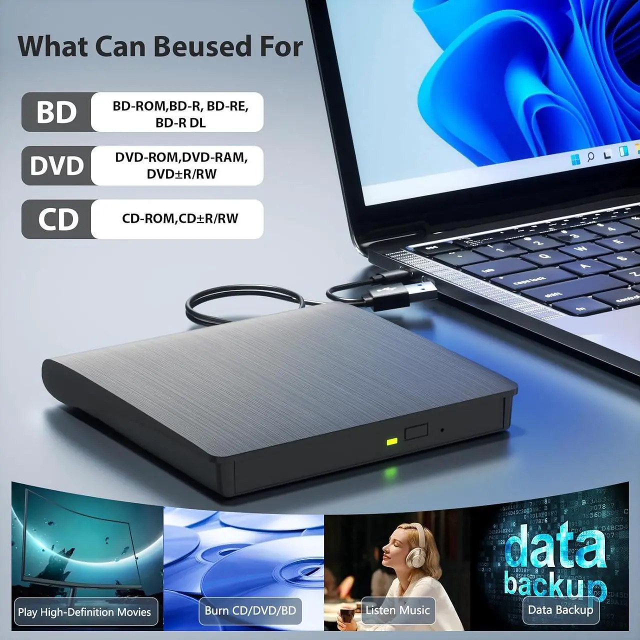 Alt view image 2 of 7 - External Bluray Drive, Support 50G Disc R/W, Portable 3D Blu-ray DVD Writer Burner USB 3.0 Type-C, Suitable for Windows XP/7/8/10/11 MacOS for Laptop, Desktop, Mac