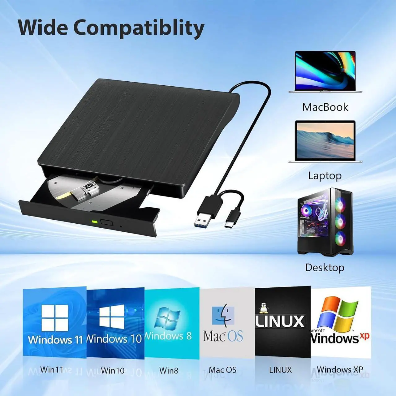 Alt view image 5 of 7 - External Bluray Drive, Support 50G Disc R/W, Portable 3D Blu-ray DVD Writer Burner USB 3.0 Type-C, Suitable for Windows XP/7/8/10/11 MacOS for Laptop, Desktop, Mac