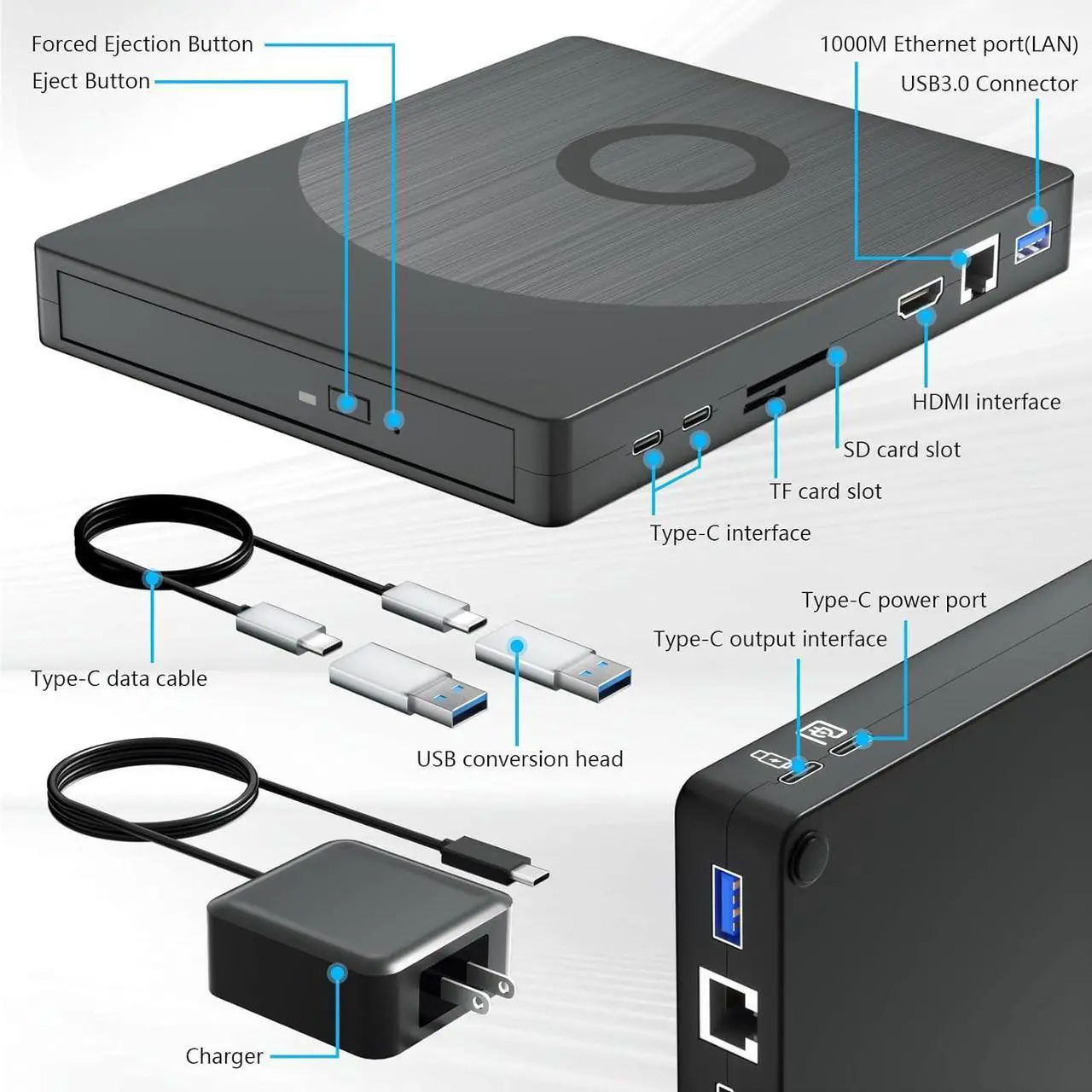 Alt view image 7 of 7 - External Blu-ray Drive 8 in 1, Support 100G Disc 3D Optical Bluray Drive with HDMI/LAN/USB 3.0/Type-C/SD/TF Port Interface Suitable for Windows XP/7/8/10/11 MacOS for PC,Laptop,Desktop,Mac