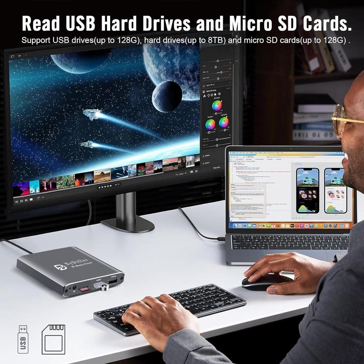 Alt view image 5 of 7 - 4K Ultra HD Digital Media Player, TV MP4 Video Player for USB Drive/Micro SD Card, H.265/HEVC, Digital Signage, Auto Playback, HDMI/AV/Optical Output (Grey)