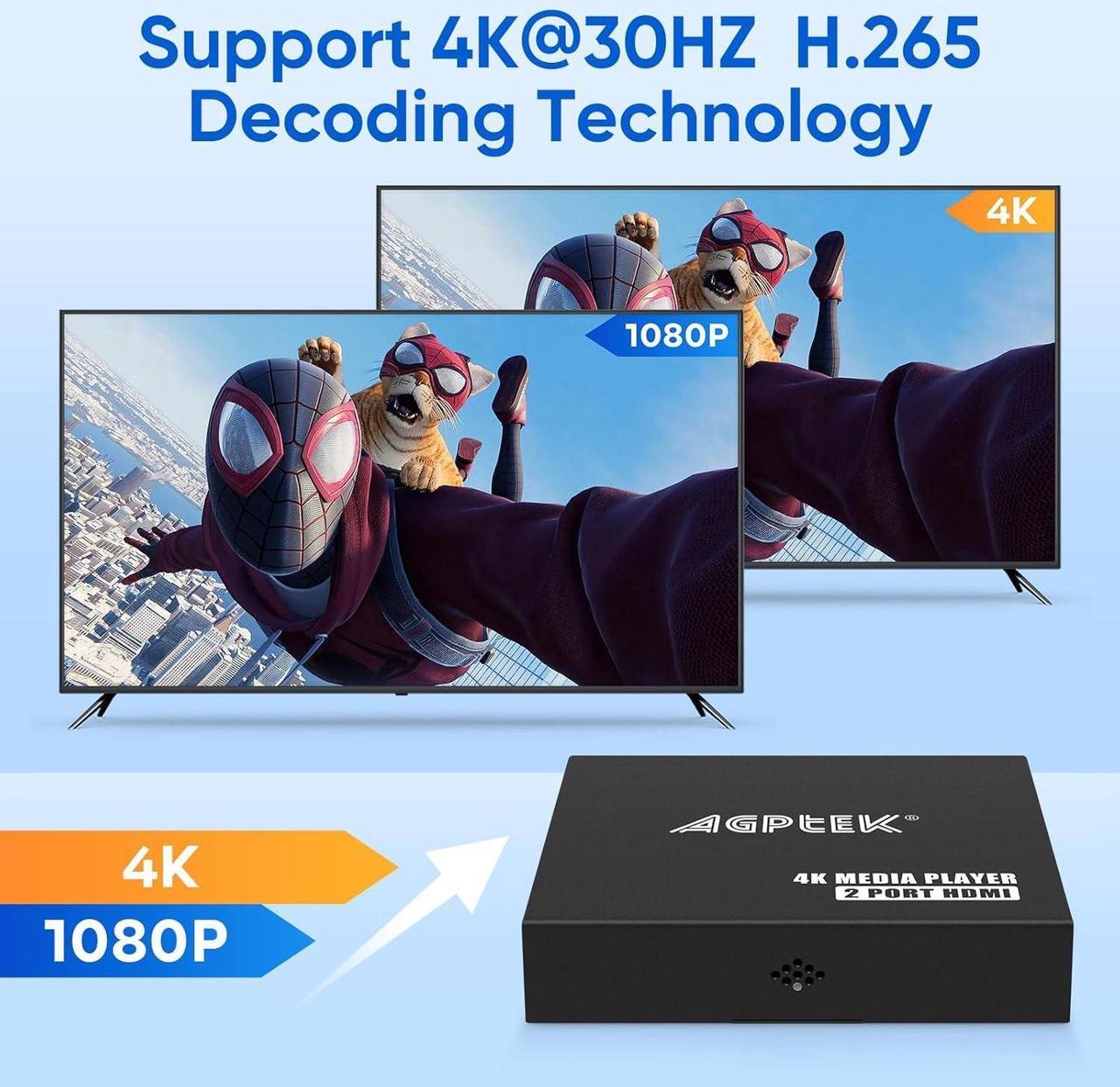 Alt view image 3 of 7 - 4K@30hz HDMI TV Media Player with Dual HDMI, One AV/VGA Output, 4K HDMI Splitter Function, Digital MP4 Player for 14TB HDD/512G USB Drive/256G SD Card/H.265 MP4, with Remote Control for MP3 AVI etc