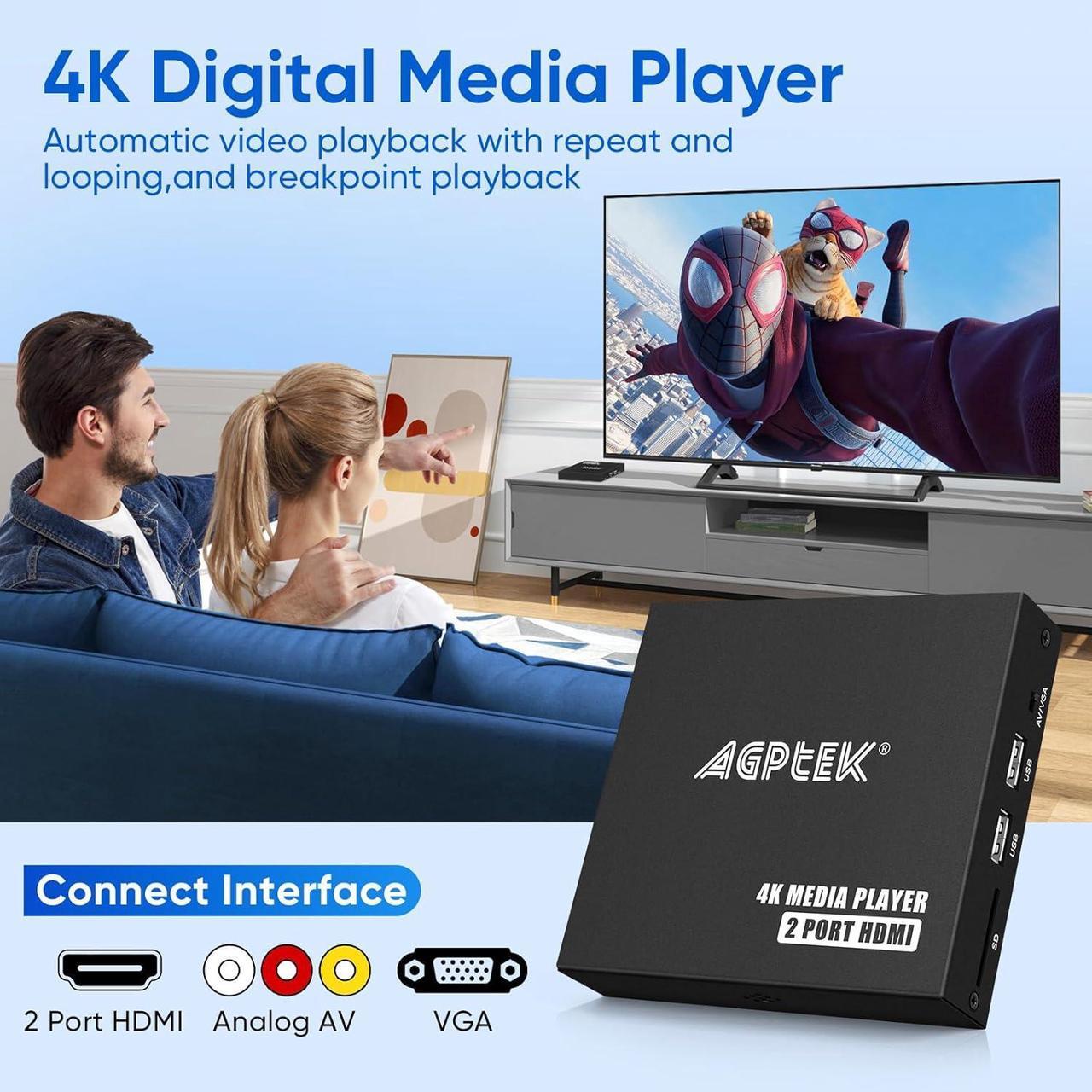 Alt view image 2 of 7 - 4K@30hz HDMI TV Media Player with Dual HDMI, One AV/VGA Output, 4K HDMI Splitter Function, Digital MP4 Player for 14TB HDD/512G USB Drive/256G SD Card/H.265 MP4, with Remote Control for MP3 AVI etc