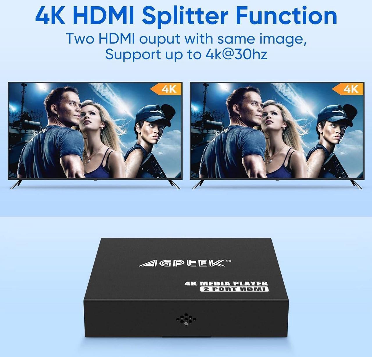 Alt view image 7 of 7 - 4K@30hz HDMI TV Media Player with Dual HDMI, One AV/VGA Output, 4K HDMI Splitter Function, Digital MP4 Player for 14TB HDD/512G USB Drive/256G SD Card/H.265 MP4, with Remote Control for MP3 AVI etc