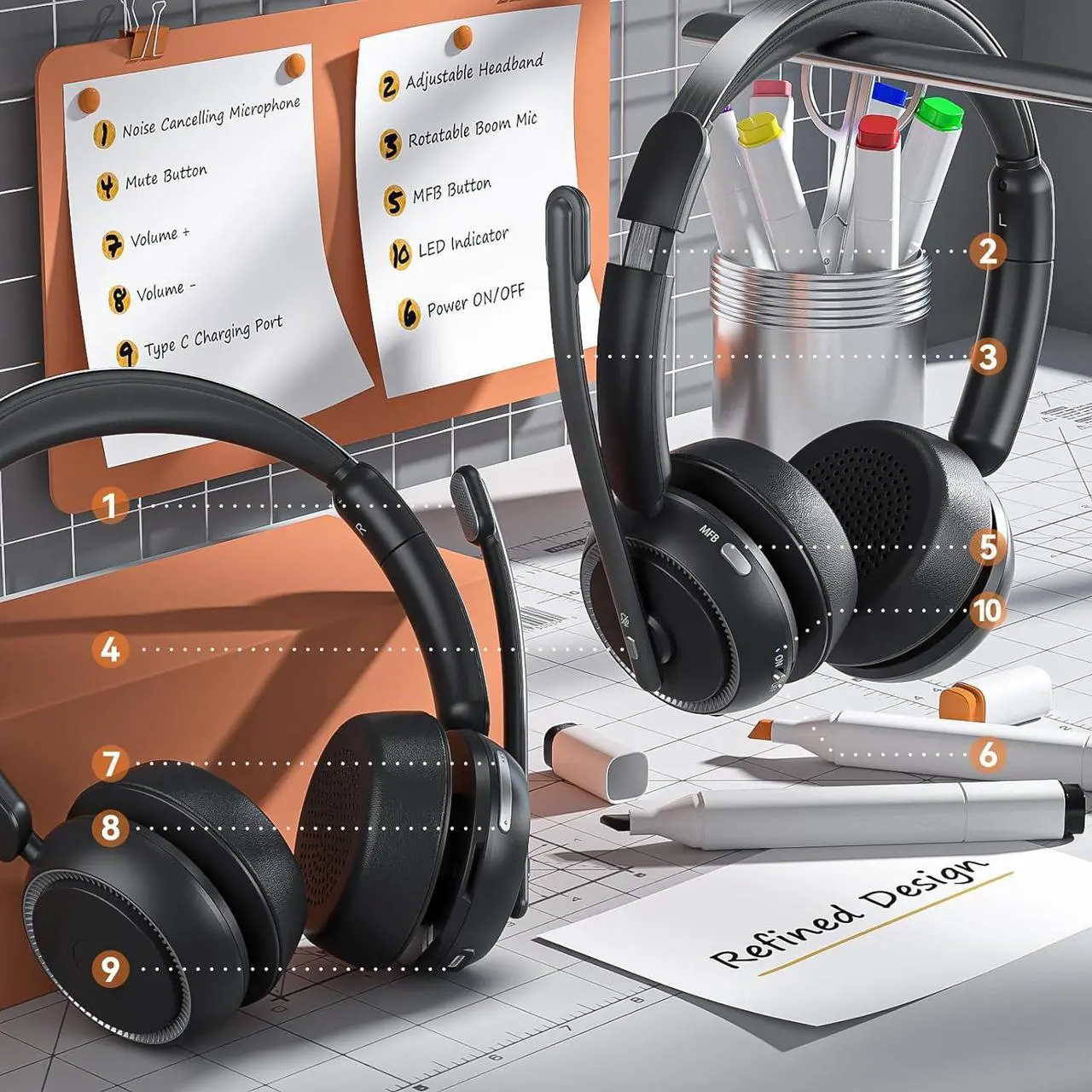 Alt view image 2 of 6 - Wireless Headset with Mic for Work, Bluetooth Headset with Noise Canceling Microphone & HI-FI Stereo Sound, 65 Hrs Working Time, Wireless Headset for Work/Call Center/Computer/Teams (Black)