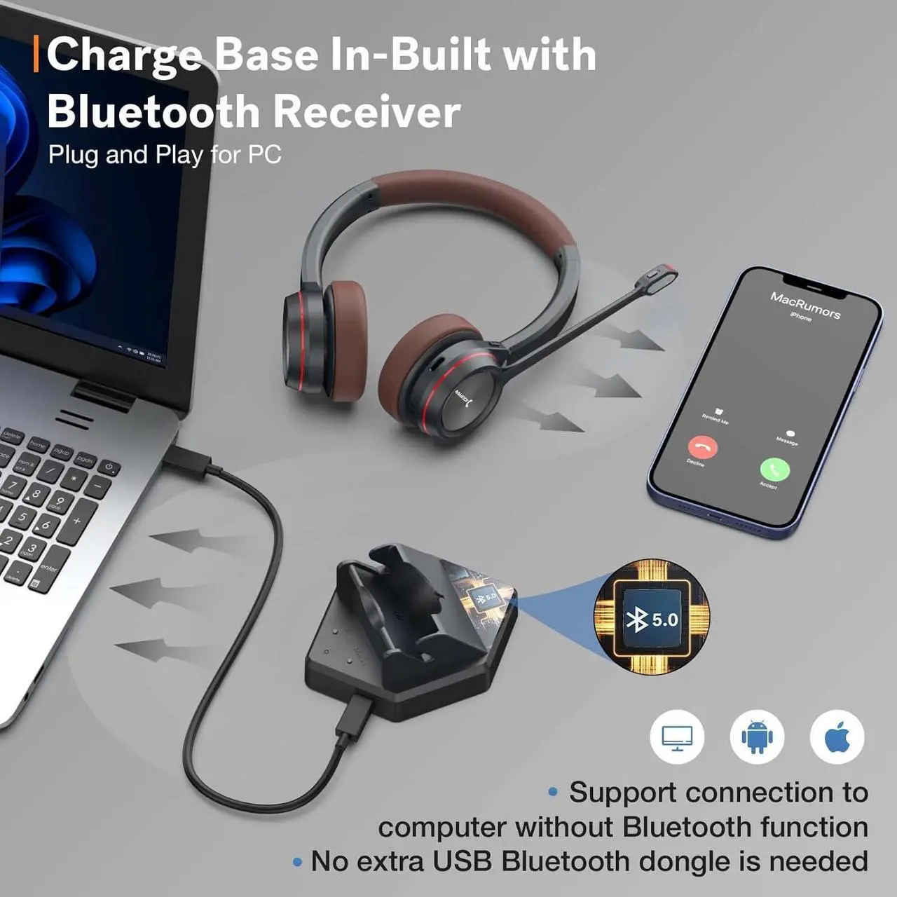 Alt view image 3 of 7 - Bluetooth Headset with Microphone for PC, in-Built with Bluetooth Adapter for Computer, Truck Driver Wireless Headset for Work Office CallCenter Telephone Microsoft Teams Skype Conference