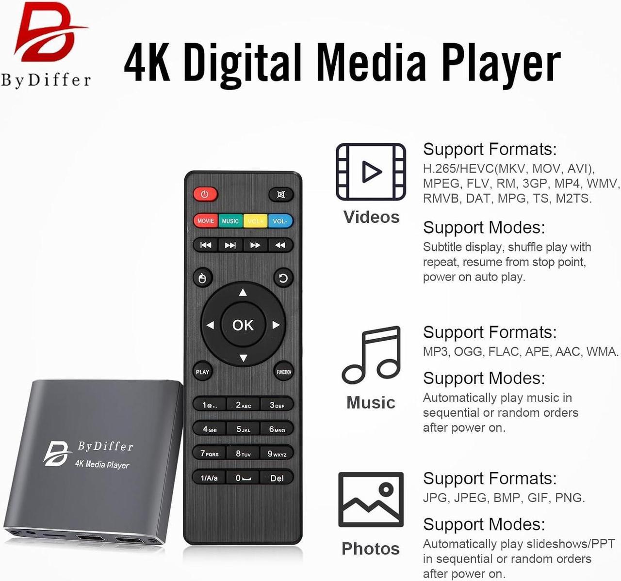 Alt view image 3 of 7 - 4K Ultra HD Digital Media Player, TV MP4 Video Player for USB Drive/Micro SD Card, H.265/HEVC, Digital Signage, Auto Playback, HDMI/AV/Optical Output (Grey)