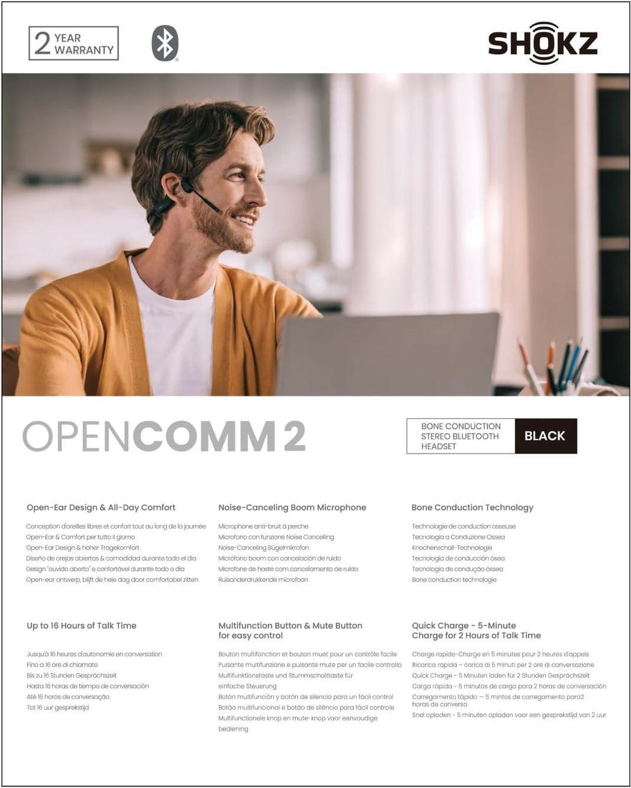 Alt view image 4 of 7 - OpenComm2 - Open-Ear Bone Conduction Headphones, Wireless Bluetooth Computer Headsets with Noise Canceling Mic and Mute Button for Work, Call, Meeting, 16 Hours Talk Time for Mobile & PC, Black