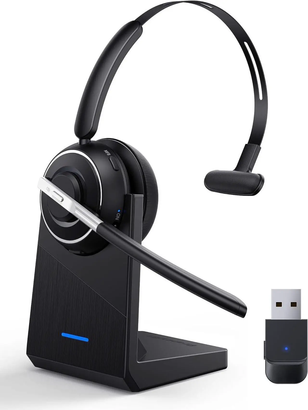 Main image of Bluetooth Headset, Wireless Headset with Microphone for PC, V5.2 Computer Headset with Noise Cancelling Mic, USB Dongle, Charging Base & Mute Button for Work, Cell Phones, Computer (Black)
