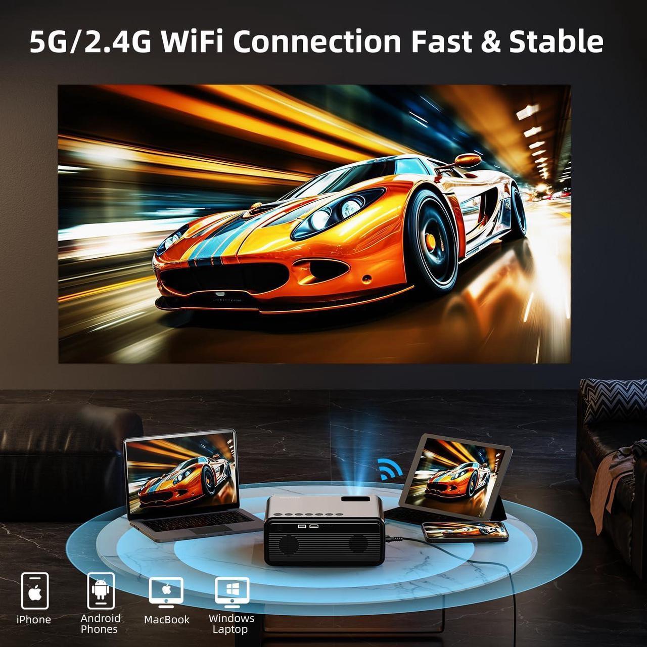 Alt view image 3 of 7 - Projector with WiFi and Bluetooth, Upgraded 5G Portable Projectors 4K Supported Native 1080P 12000L, Outdoor LED Movie Projector for Home Theater, Compatible w/iOS Android Phone/TV Stick/Laptop