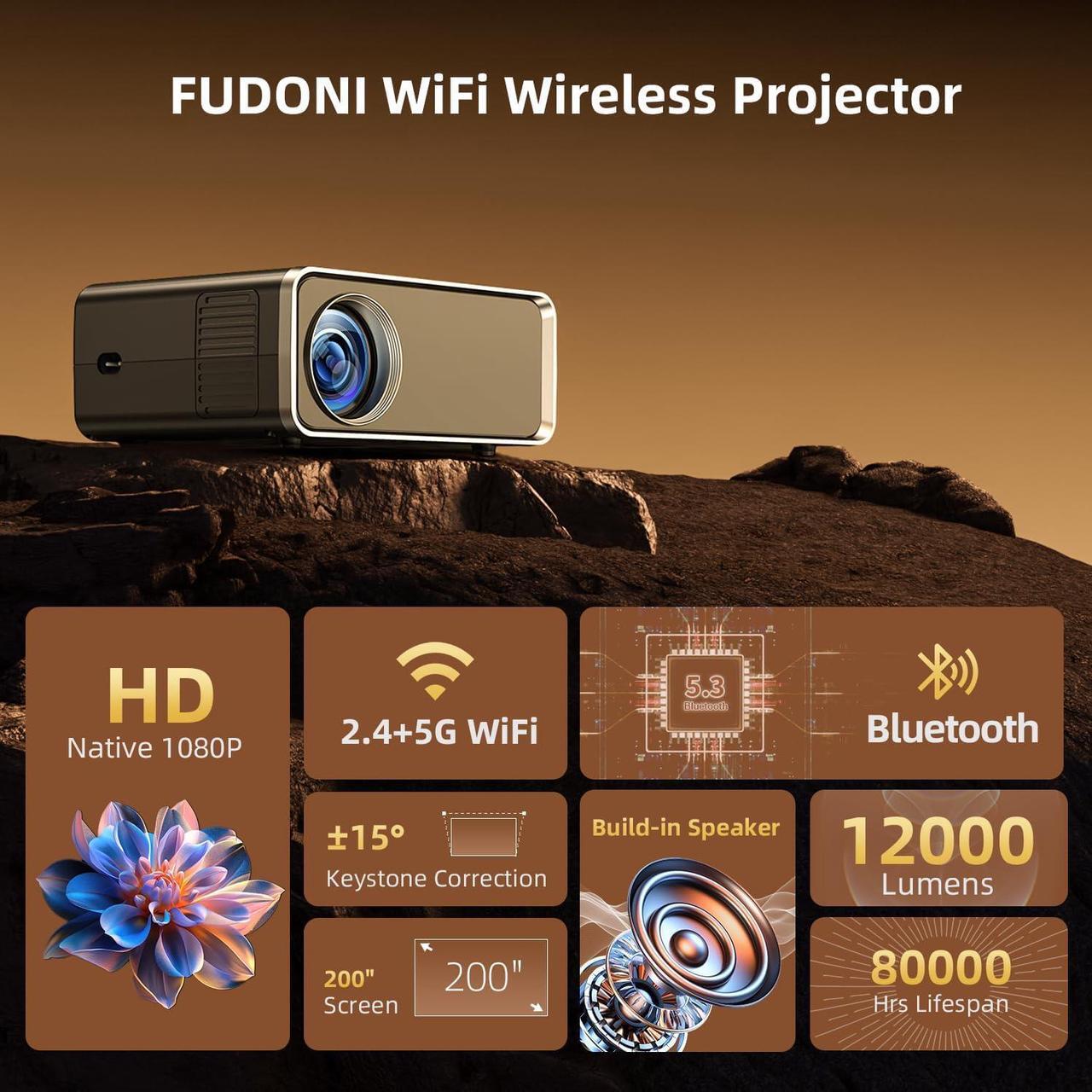 Alt view image 2 of 7 - Projector with WiFi and Bluetooth, Upgraded 5G Portable Projectors 4K Supported Native 1080P 12000L, Outdoor LED Movie Projector for Home Theater, Compatible w/iOS Android Phone/TV Stick/Laptop