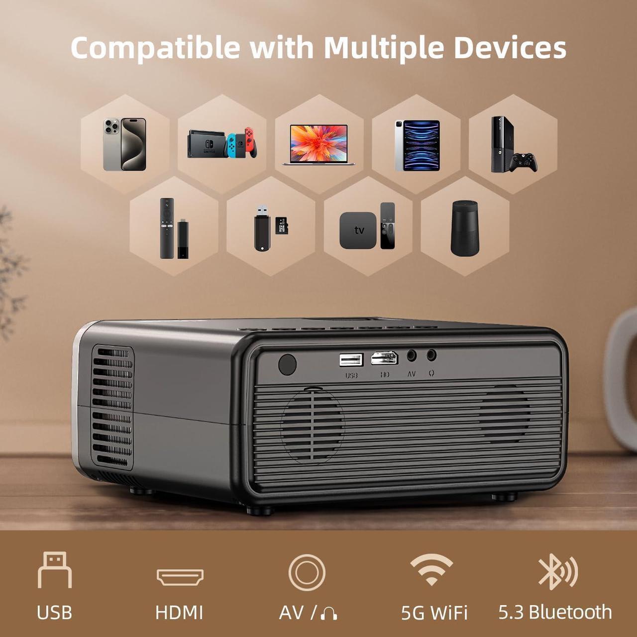 Alt view image 6 of 7 - Projector with WiFi and Bluetooth, Upgraded 5G Portable Projectors 4K Supported Native 1080P 12000L, Outdoor LED Movie Projector for Home Theater, Compatible w/iOS Android Phone/TV Stick/Laptop