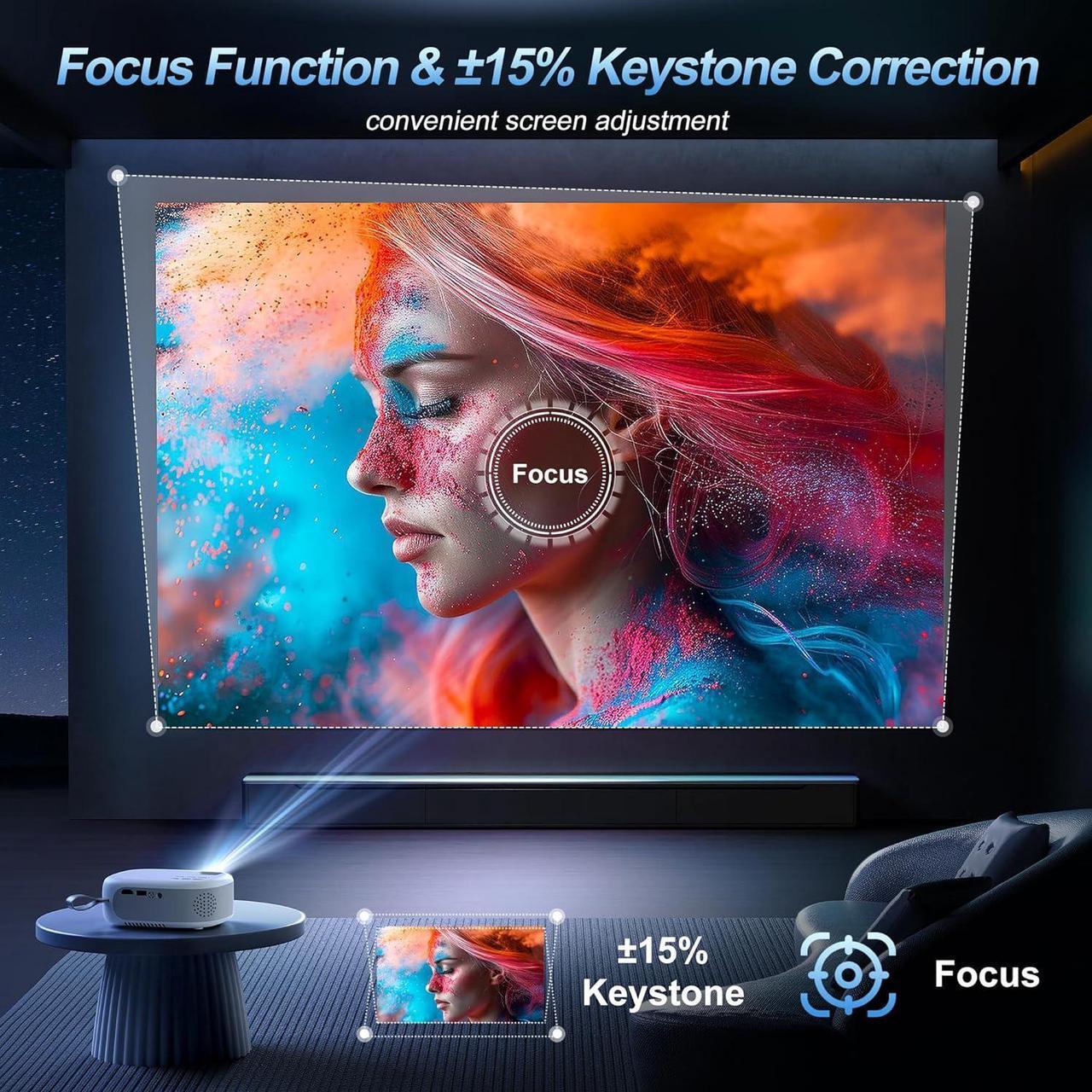 Alt view image 2 of 7 - Projector with WiFi and Bluetooth, Agreago Mini Outdoor Portable Projector with USB-C Cable, Focus & ±15% Keystone, Native 1080P Projector 2 Speakers Compatible with TV Stick/Laptop/HDMI